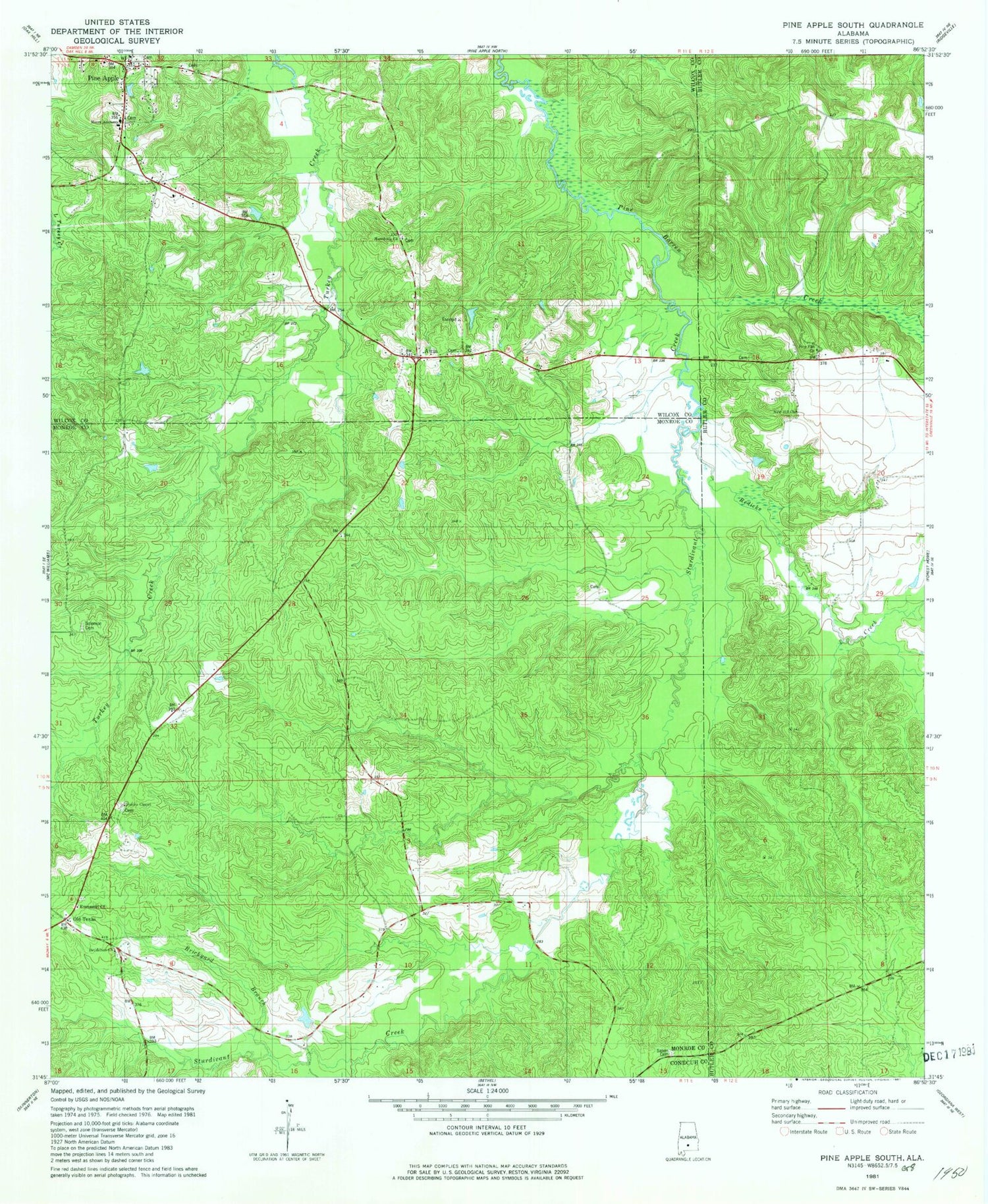 Classic USGS Pine Apple South Alabama 7.5'x7.5' Topo Map Image