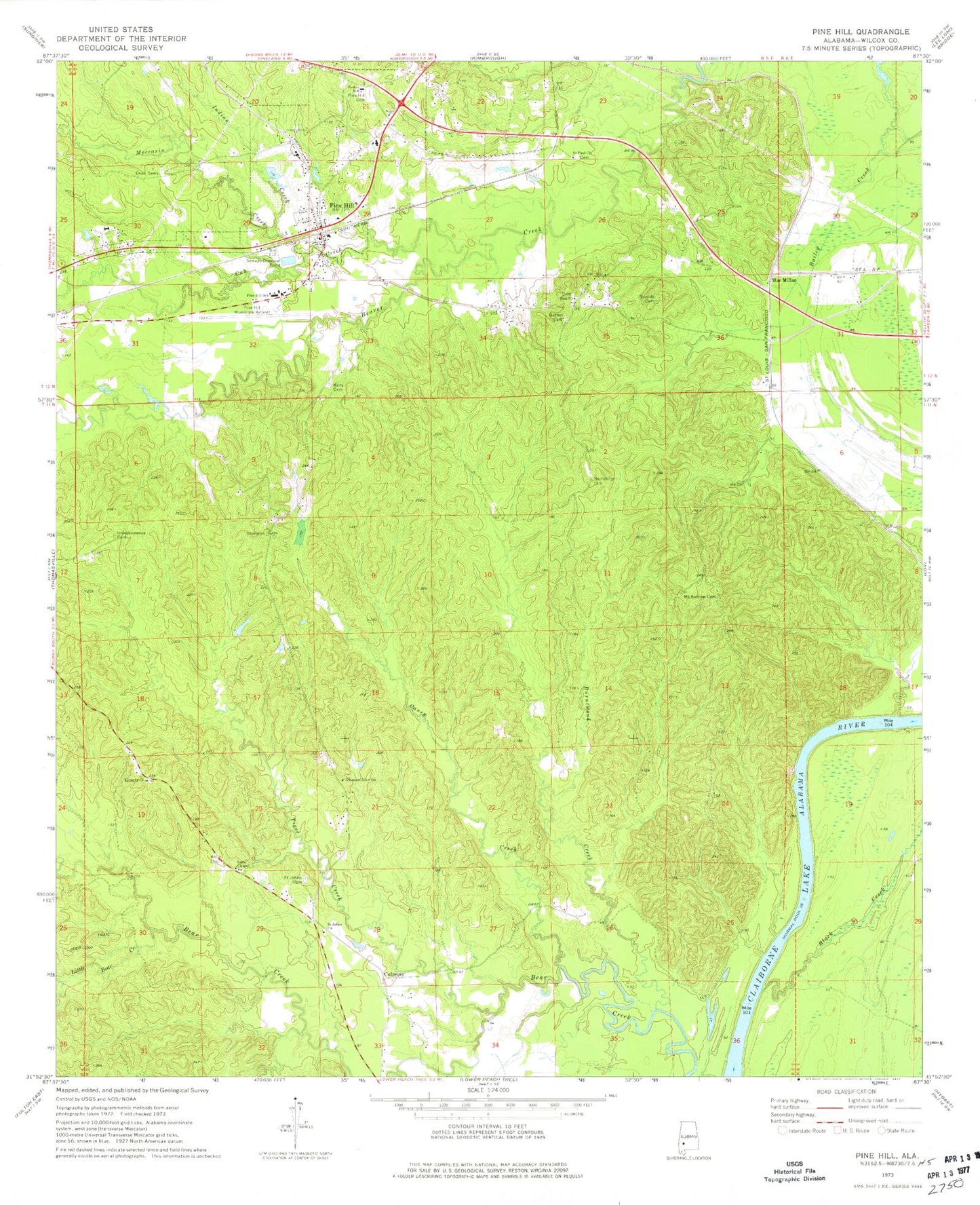 Classic USGS Pine Hill Alabama 7.5'x7.5' Topo Map Image