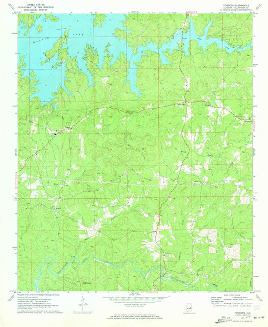 Classic USGS Ponders Alabama 7.5'x7.5' Topo Map Image
