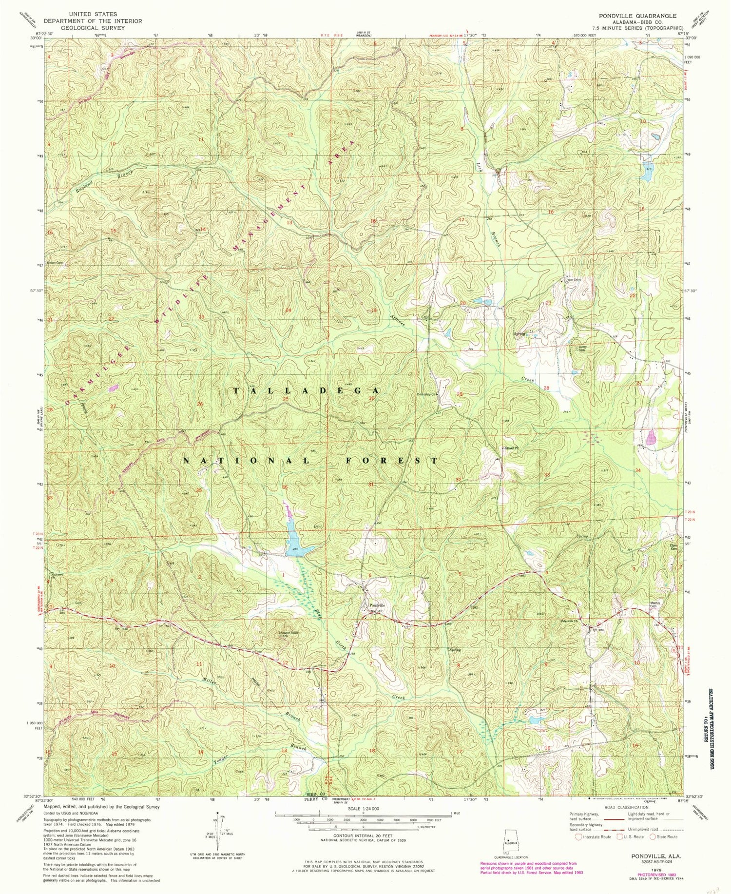 Classic USGS Pondville Alabama 7.5'x7.5' Topo Map Image