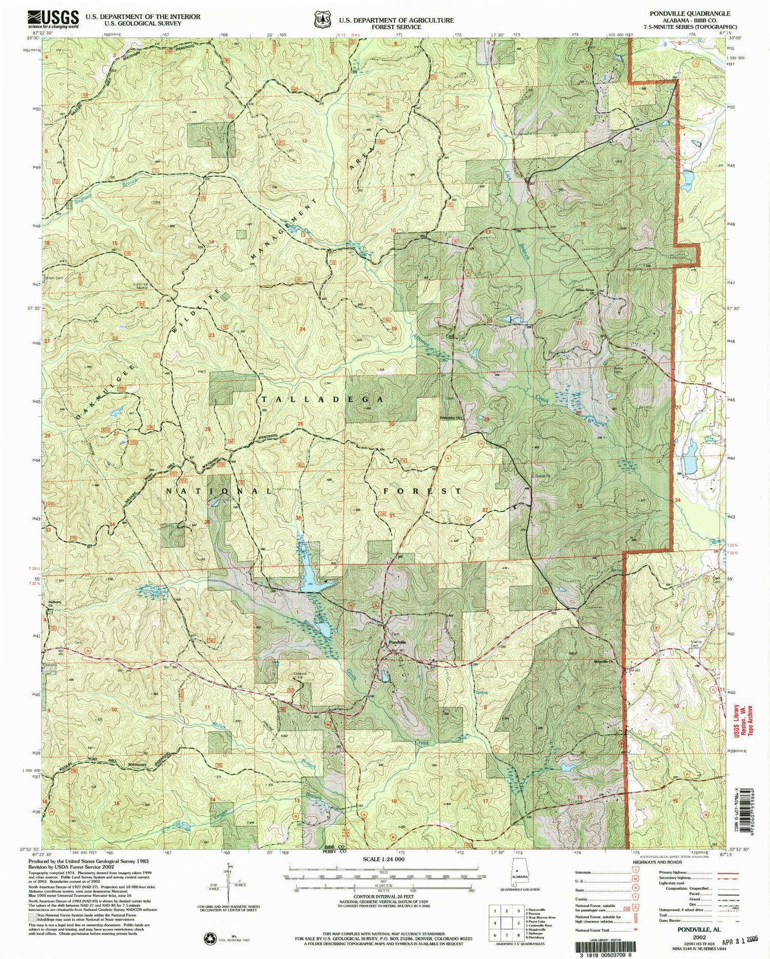 Classic USGS Pondville Alabama 7.5'x7.5' Topo Map Image