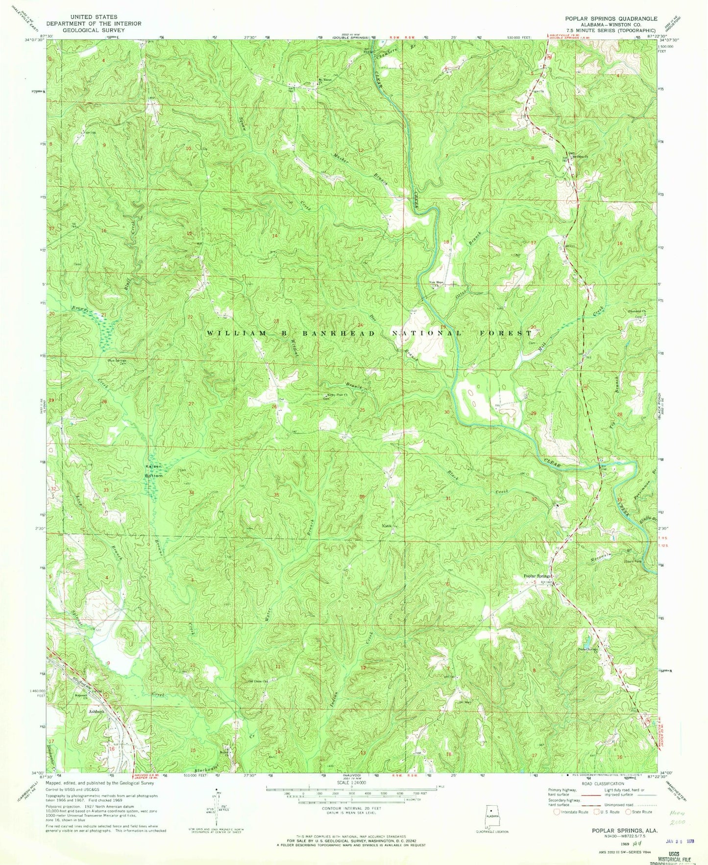 Classic USGS Poplar Springs Alabama 7.5'x7.5' Topo Map Image