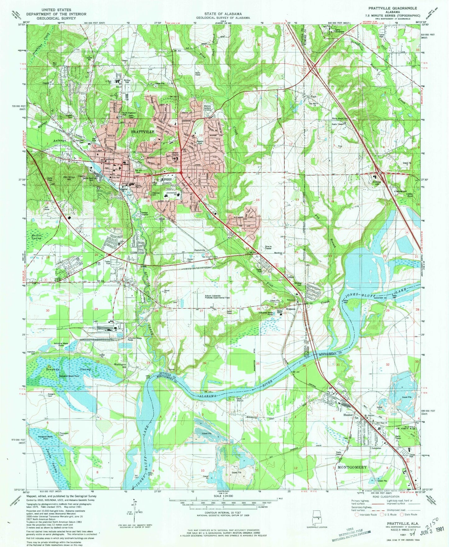 Classic USGS Prattville Alabama 7.5'x7.5' Topo Map Image