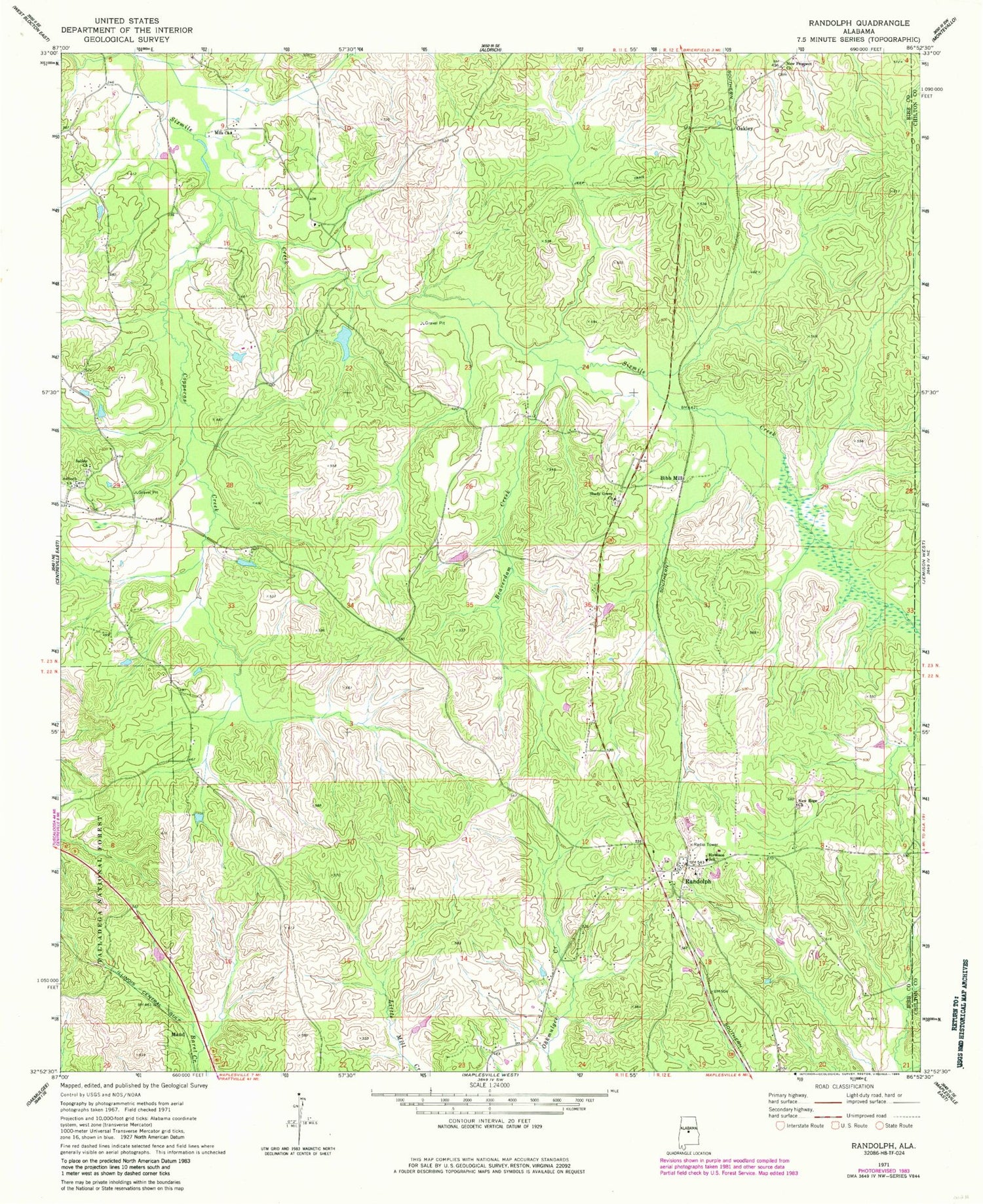 Classic USGS Randolph Alabama 7.5'x7.5' Topo Map Image