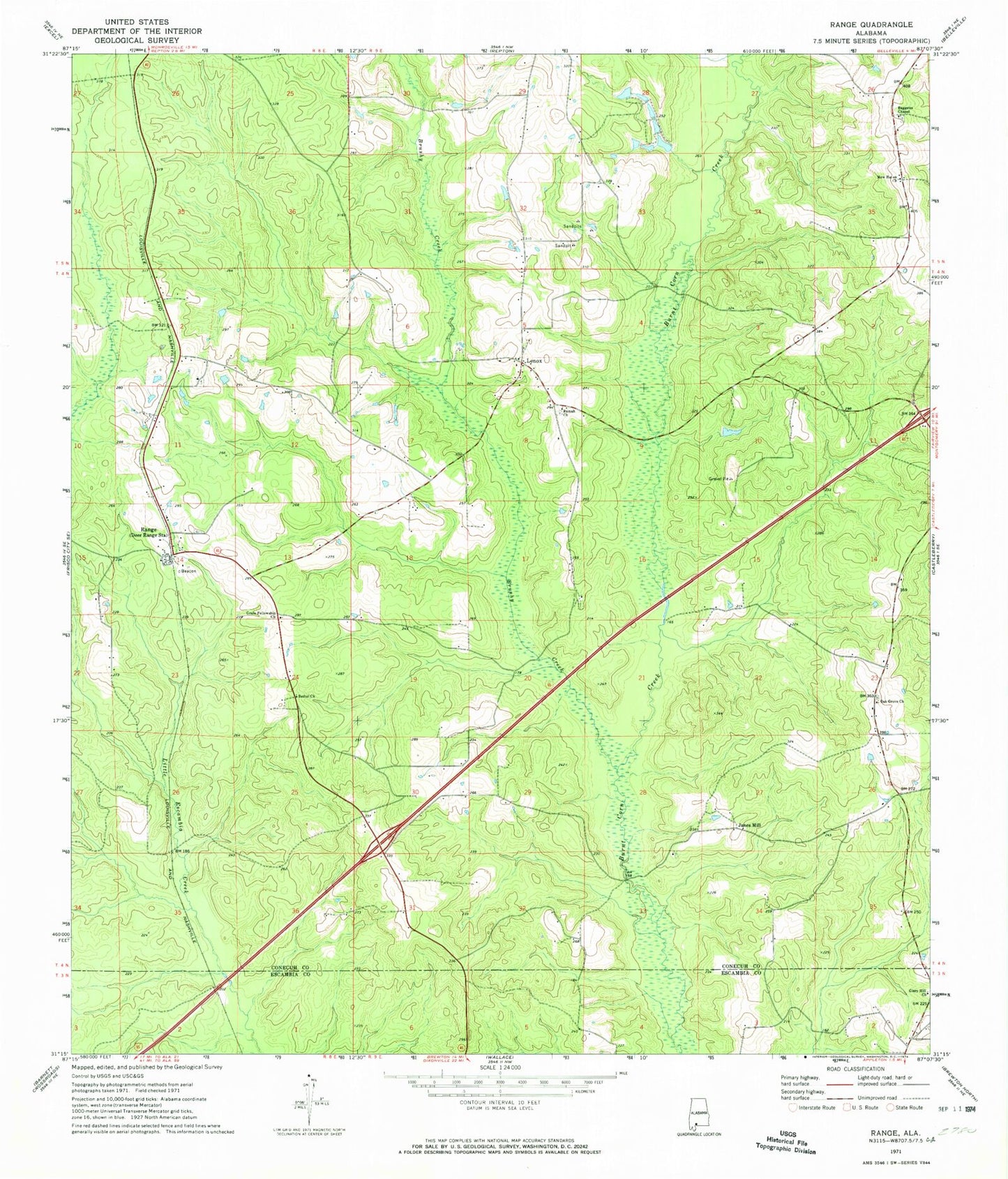 Classic USGS Range Alabama 7.5'x7.5' Topo Map Image
