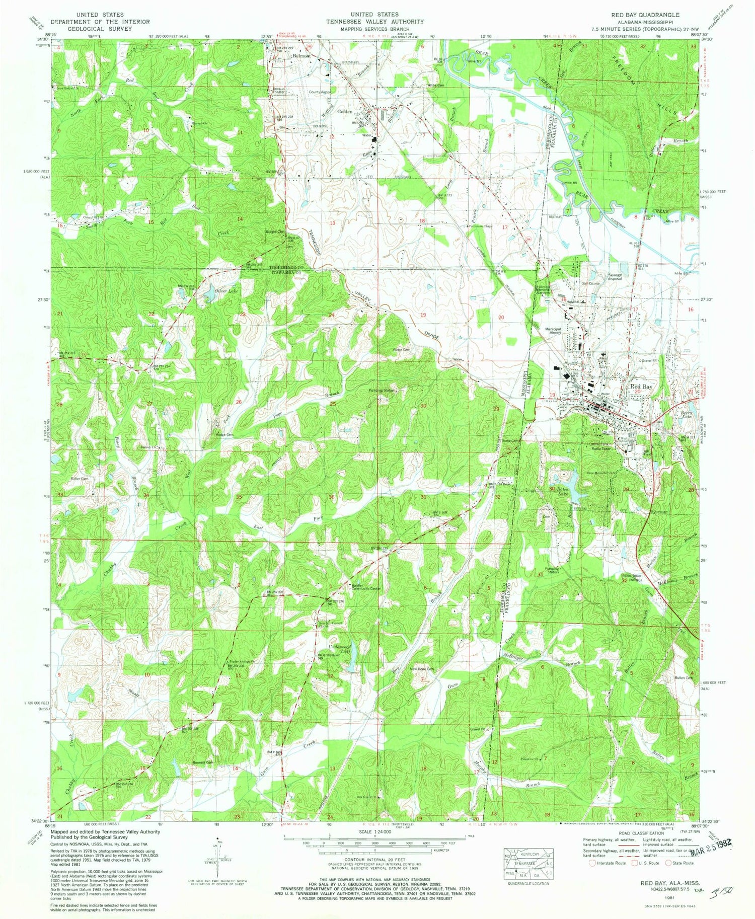 Classic USGS Red Bay Alabama 7.5'x7.5' Topo Map Image