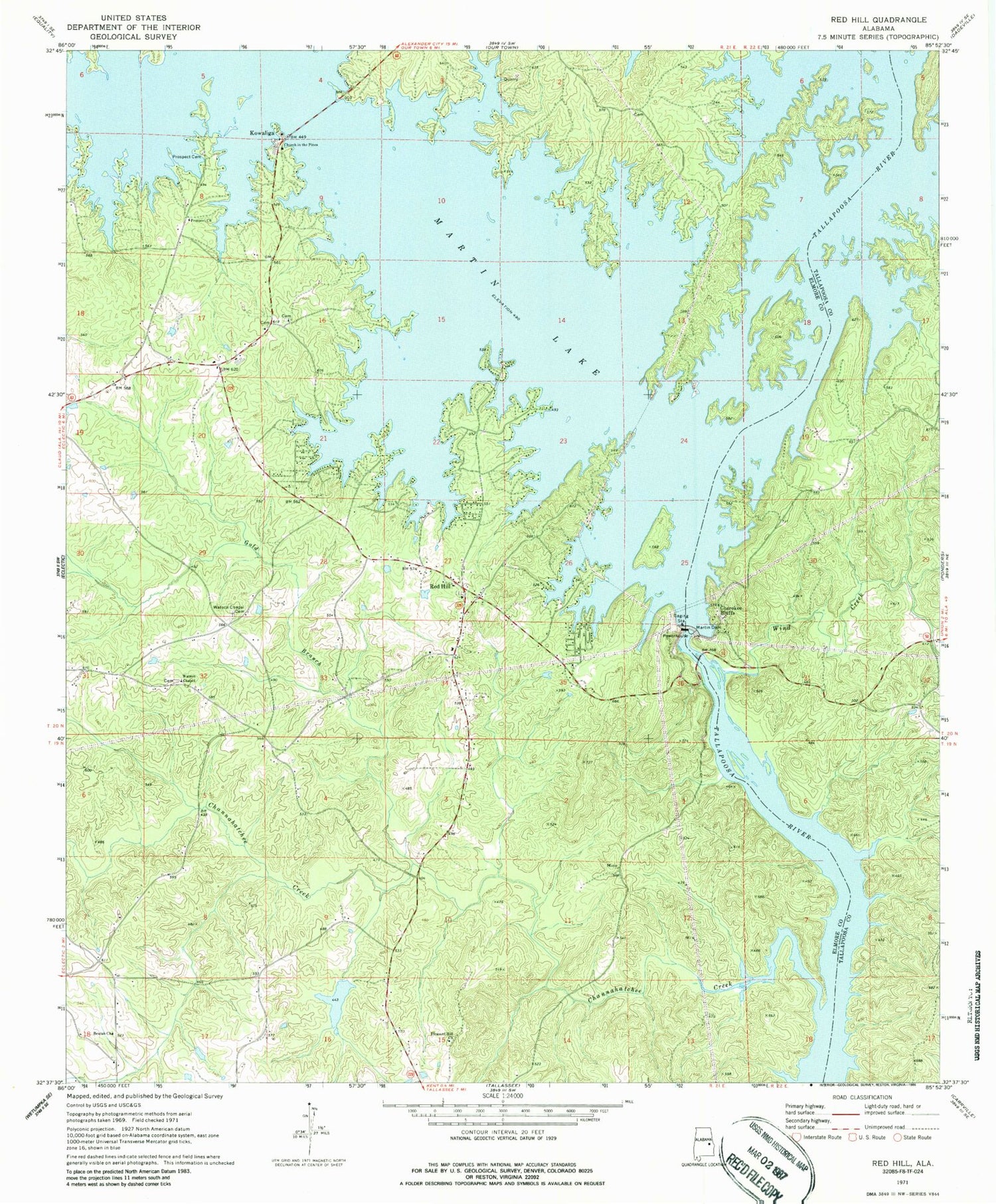 Classic USGS Red Hill Alabama 7.5'x7.5' Topo Map Image