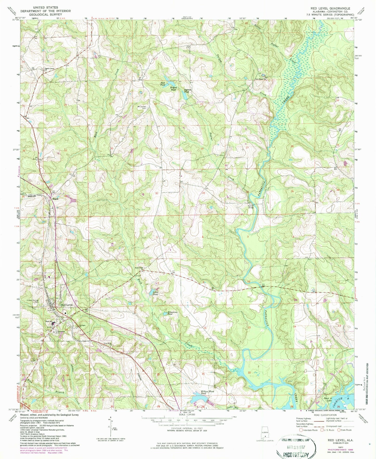 Classic USGS Red Level Alabama 7.5'x7.5' Topo Map Image