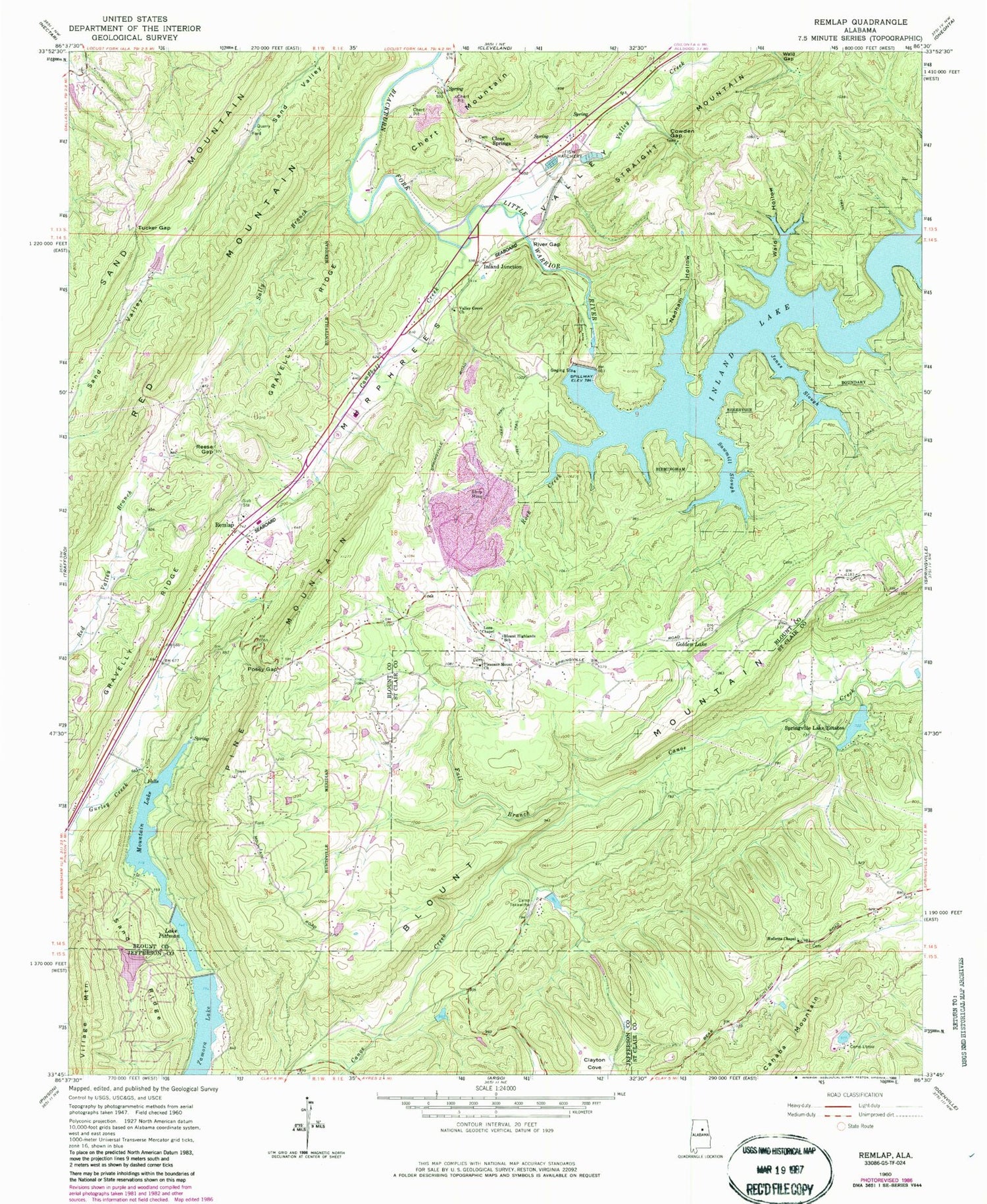Classic USGS Remlap Alabama 7.5'x7.5' Topo Map Image