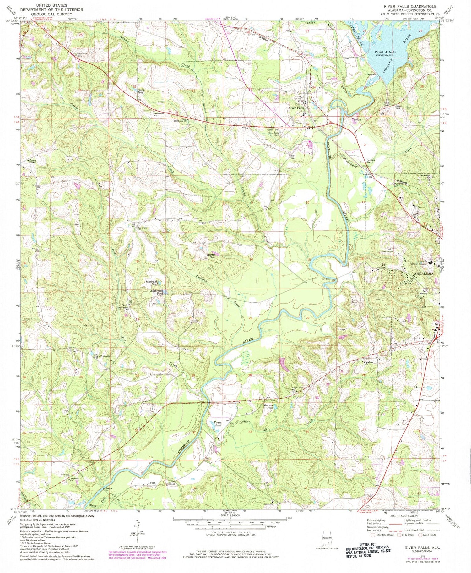 Classic USGS River Falls Alabama 7.5'x7.5' Topo Map Image
