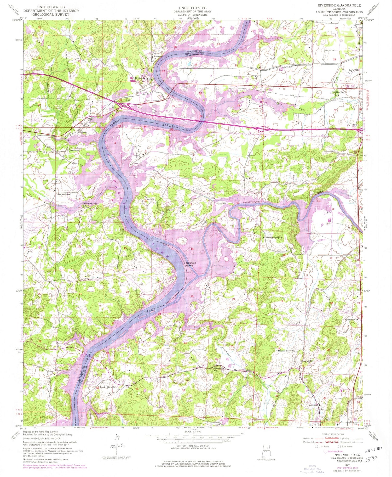 Classic USGS Riverside Alabama 7.5'x7.5' Topo Map Image