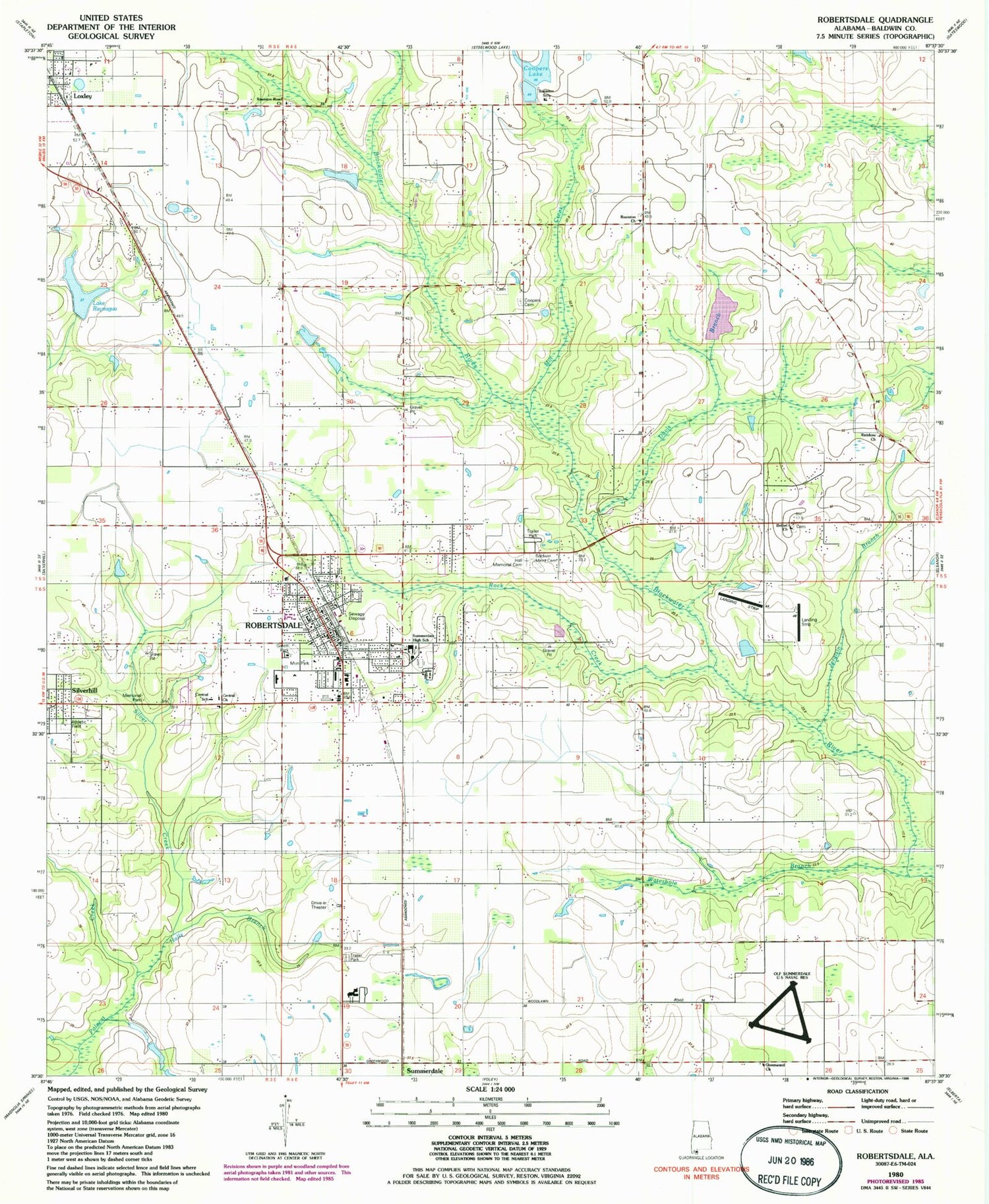 Classic USGS Robertsdale Alabama 7.5'x7.5' Topo Map Image