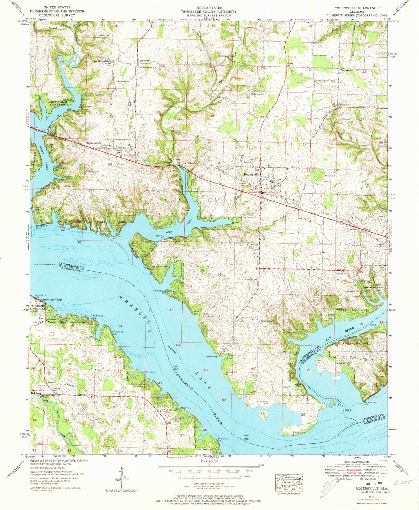 Classic USGS Rogersville Alabama 7.5'x7.5' Topo Map Image