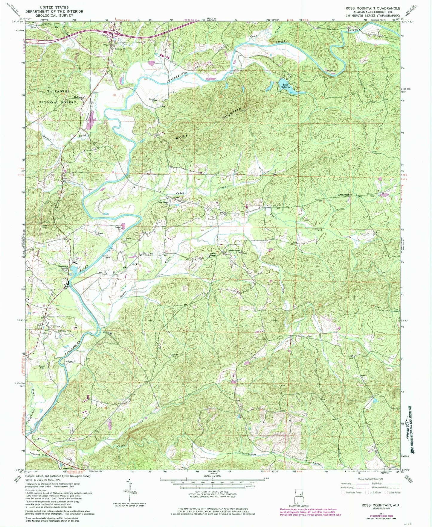 Classic USGS Ross Mountain Alabama 7.5'x7.5' Topo Map Image