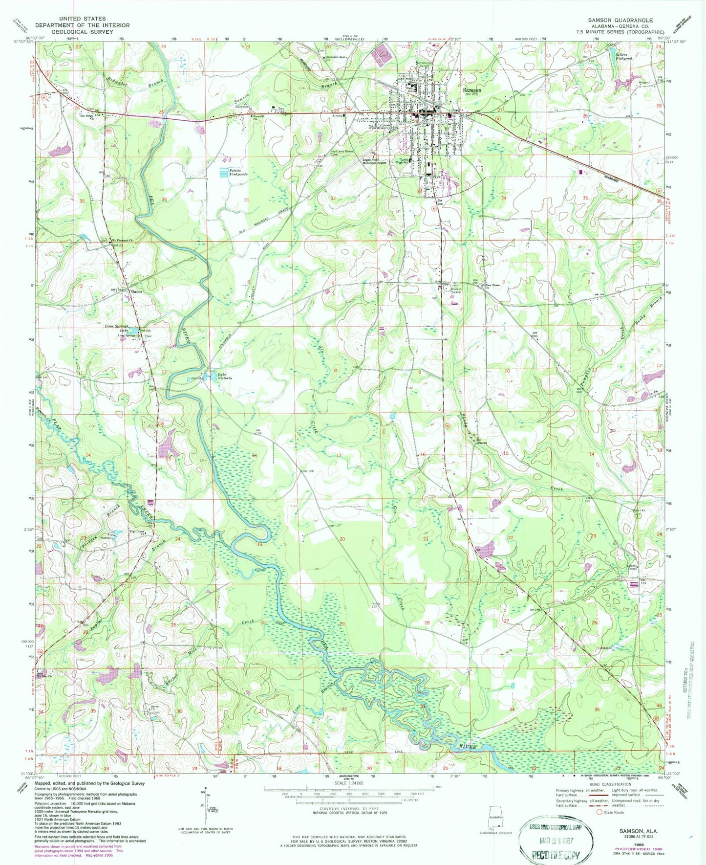Classic USGS Samson Alabama 7.5'x7.5' Topo Map Image