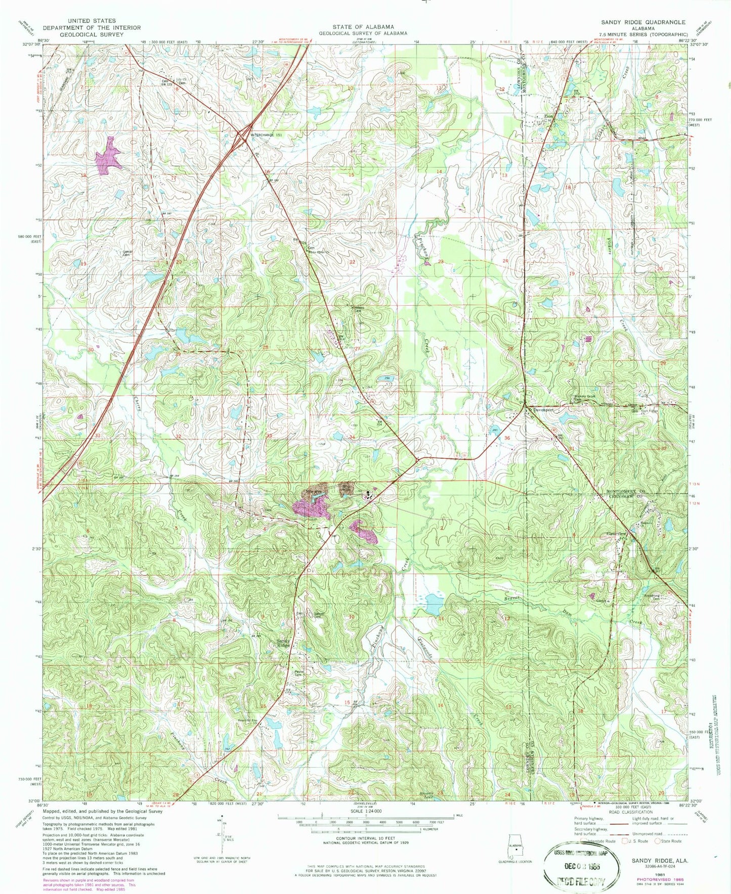 Classic USGS Sandy Ridge Alabama 7.5'x7.5' Topo Map Image