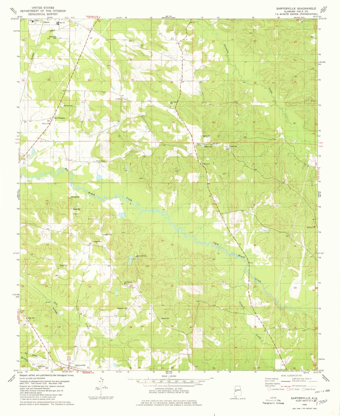 Classic USGS Sawyerville Alabama 7.5'x7.5' Topo Map Image