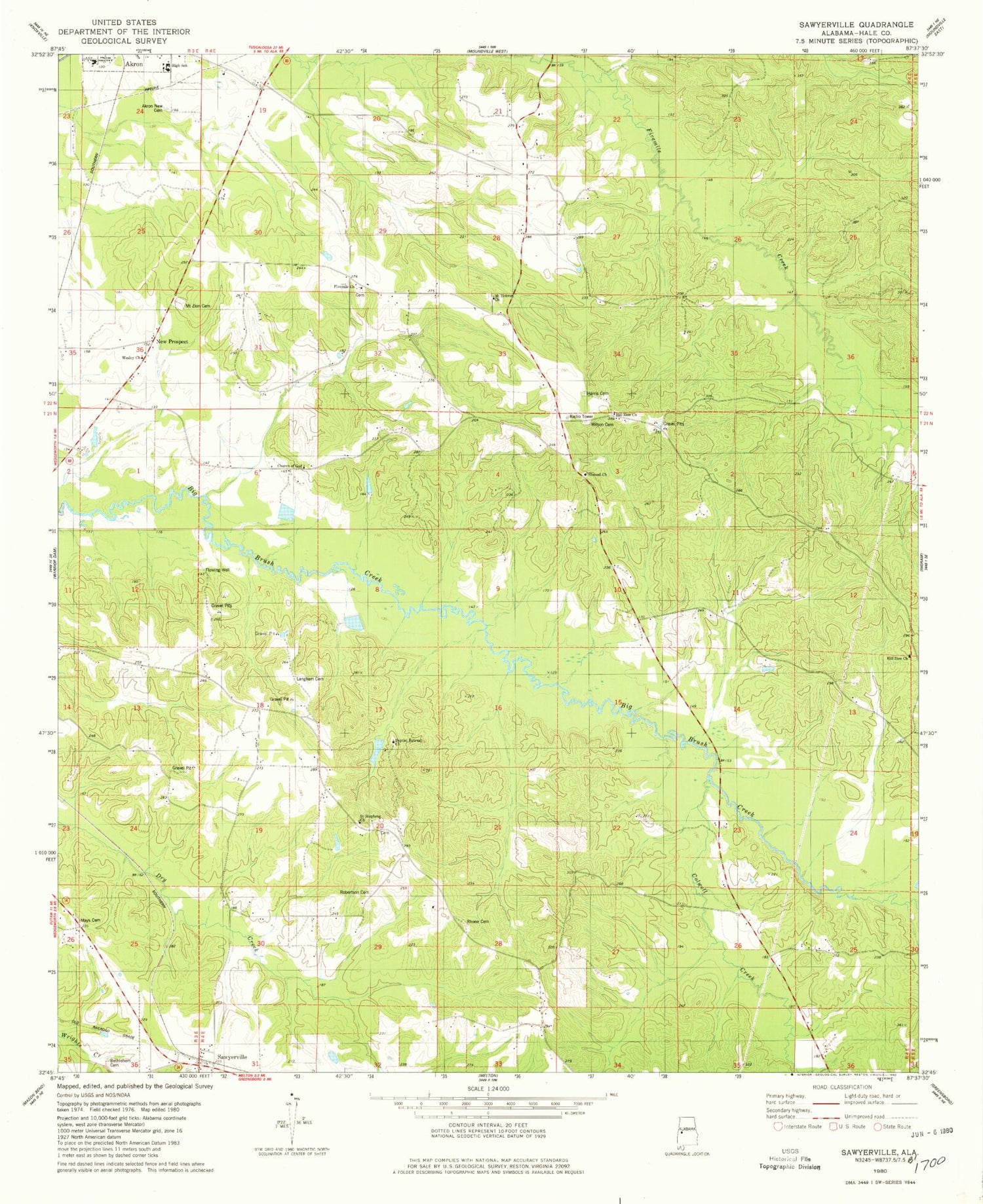 Classic USGS Sawyerville Alabama 7.5'x7.5' Topo Map Image