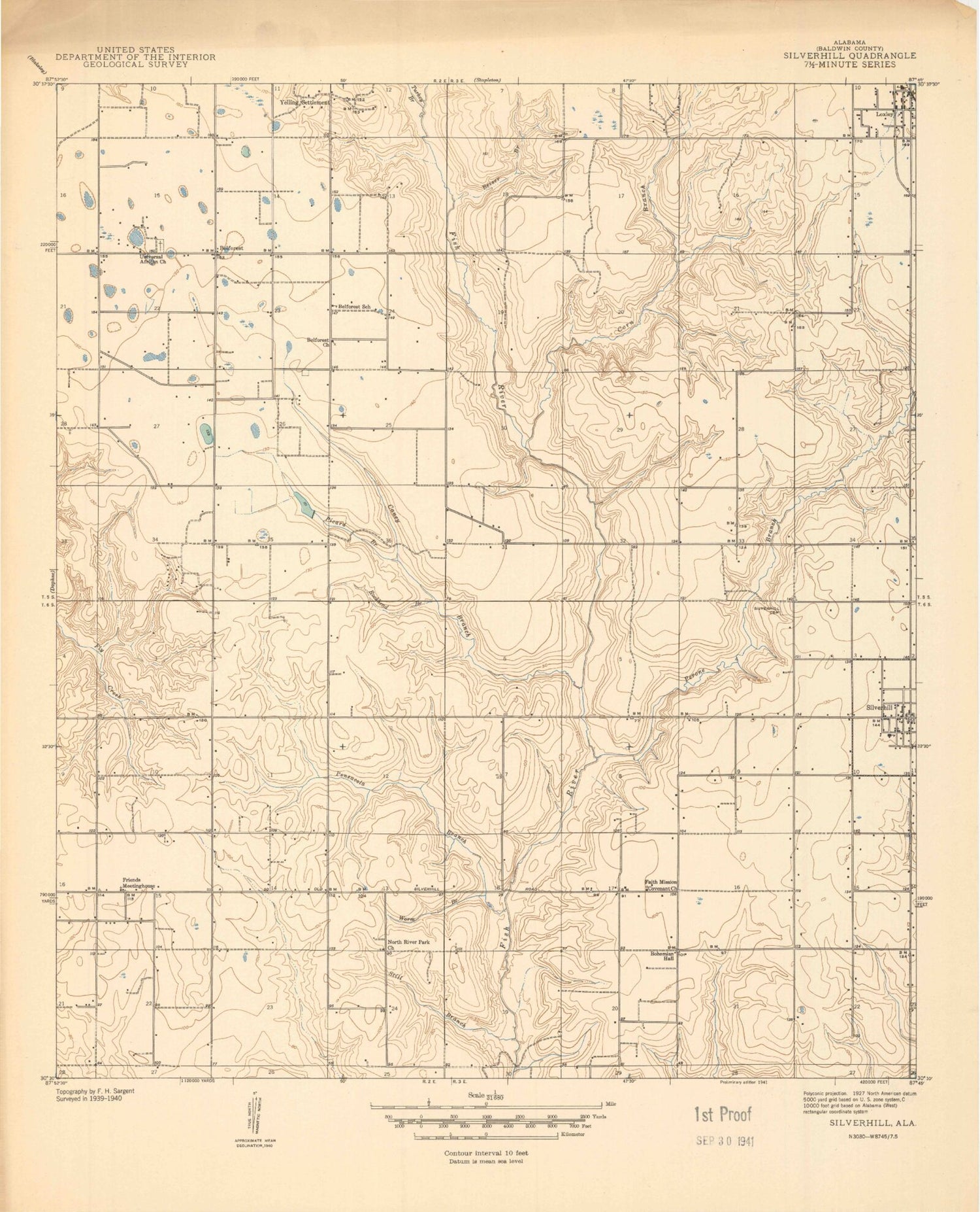 Classic USGS Silverhill Alabama 7.5'x7.5' Topo Map Image