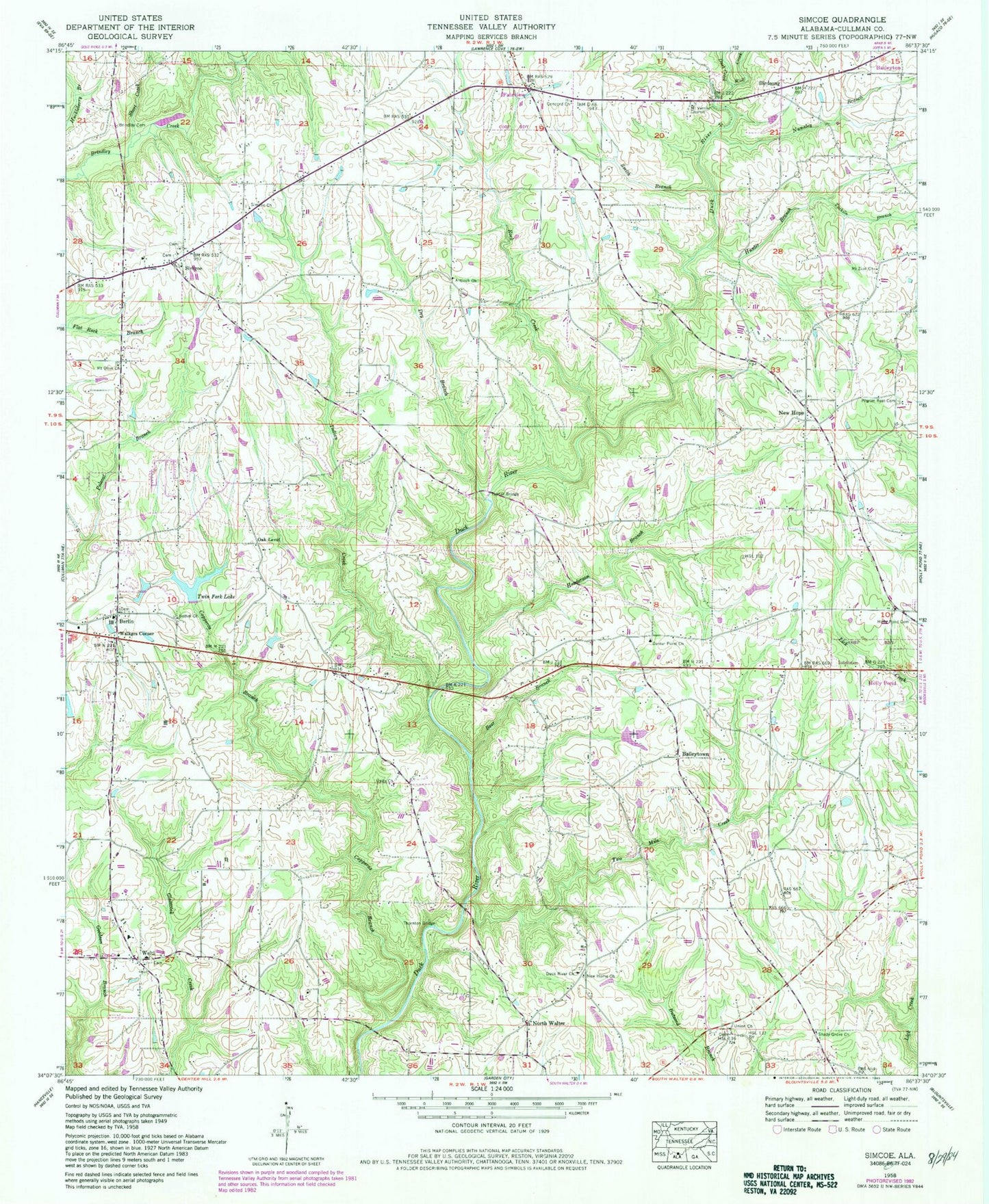 Classic USGS Simcoe Alabama 7.5'x7.5' Topo Map Image