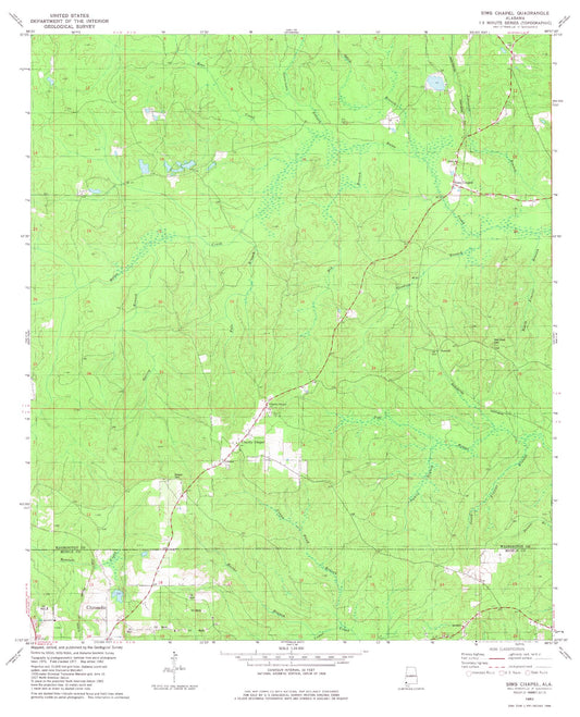 Classic USGS Sims Chapel Alabama 7.5'x7.5' Topo Map Image