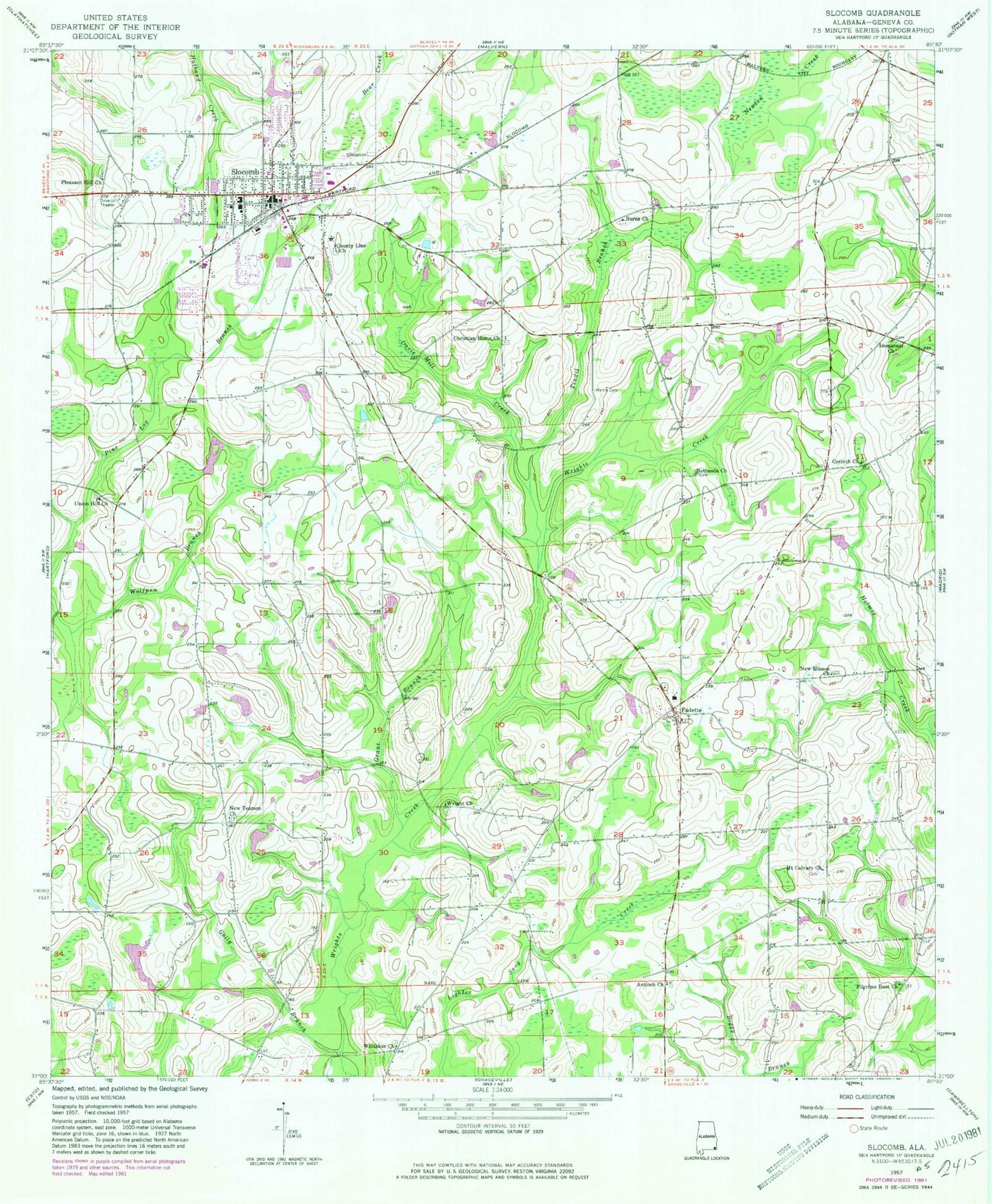 Classic USGS Slocomb Alabama 7.5'x7.5' Topo Map Image