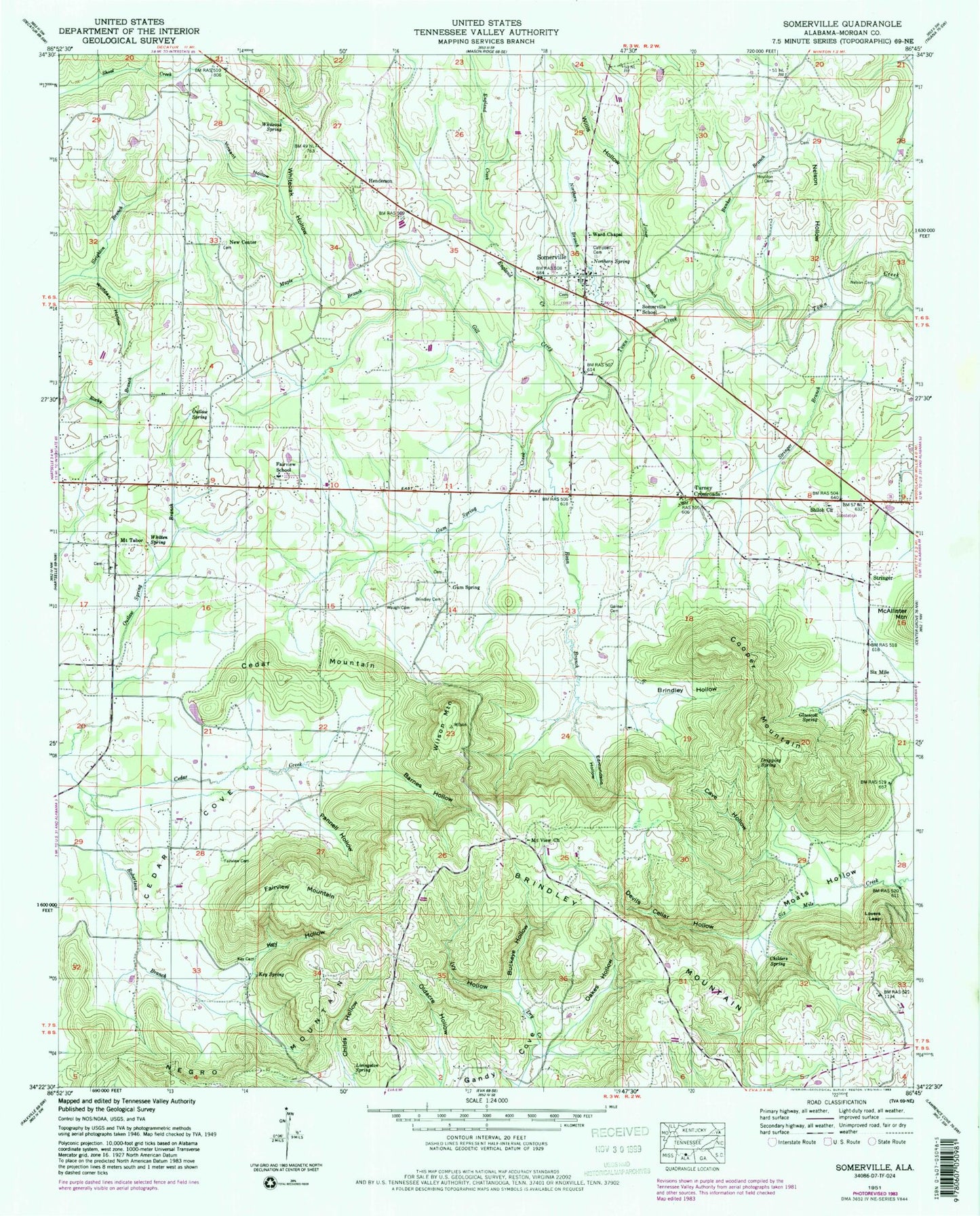 Classic USGS Somerville Alabama 7.5'x7.5' Topo Map Image