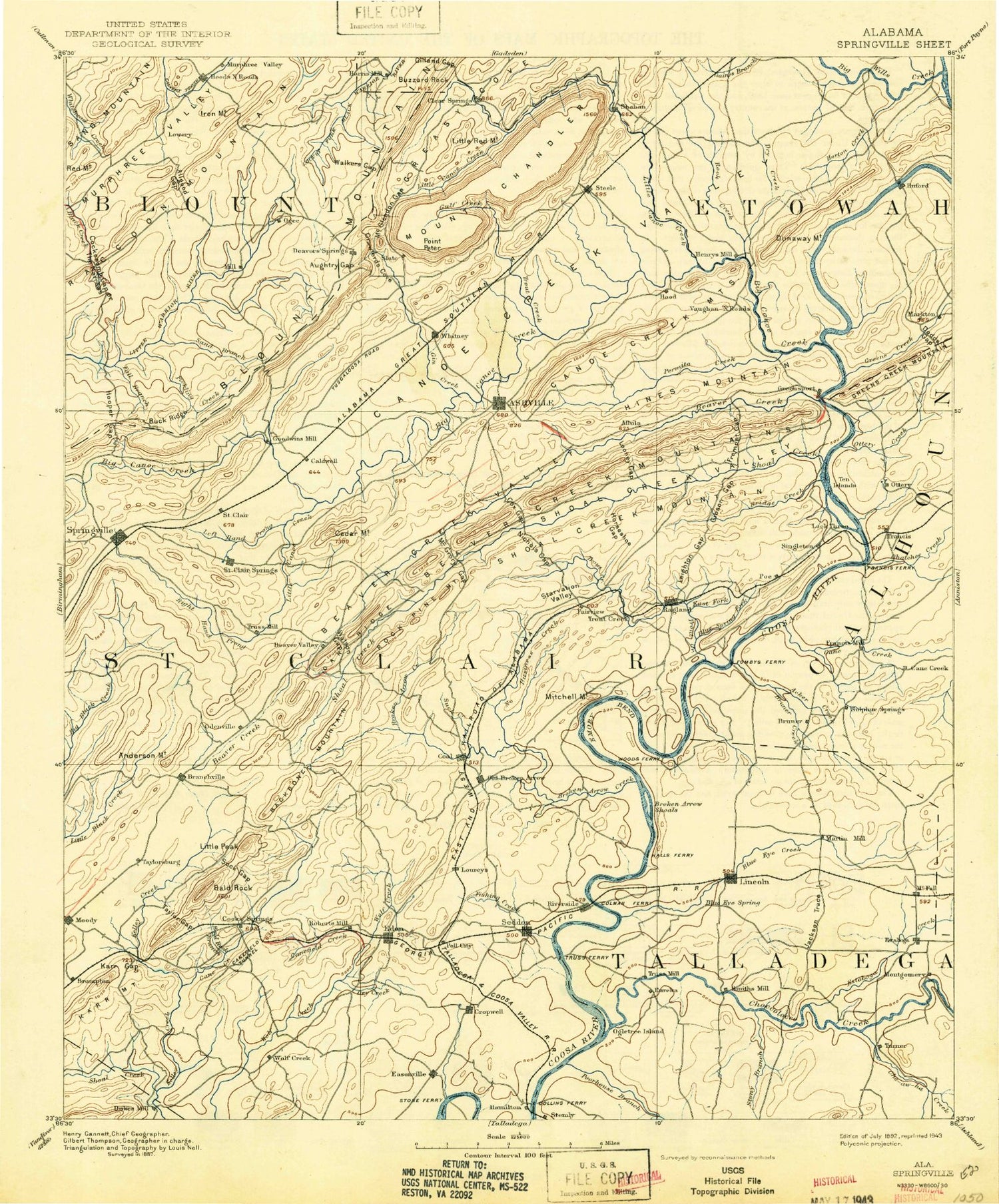 Historic 1892 Springville Alabama 30'x30' Topo Map Image