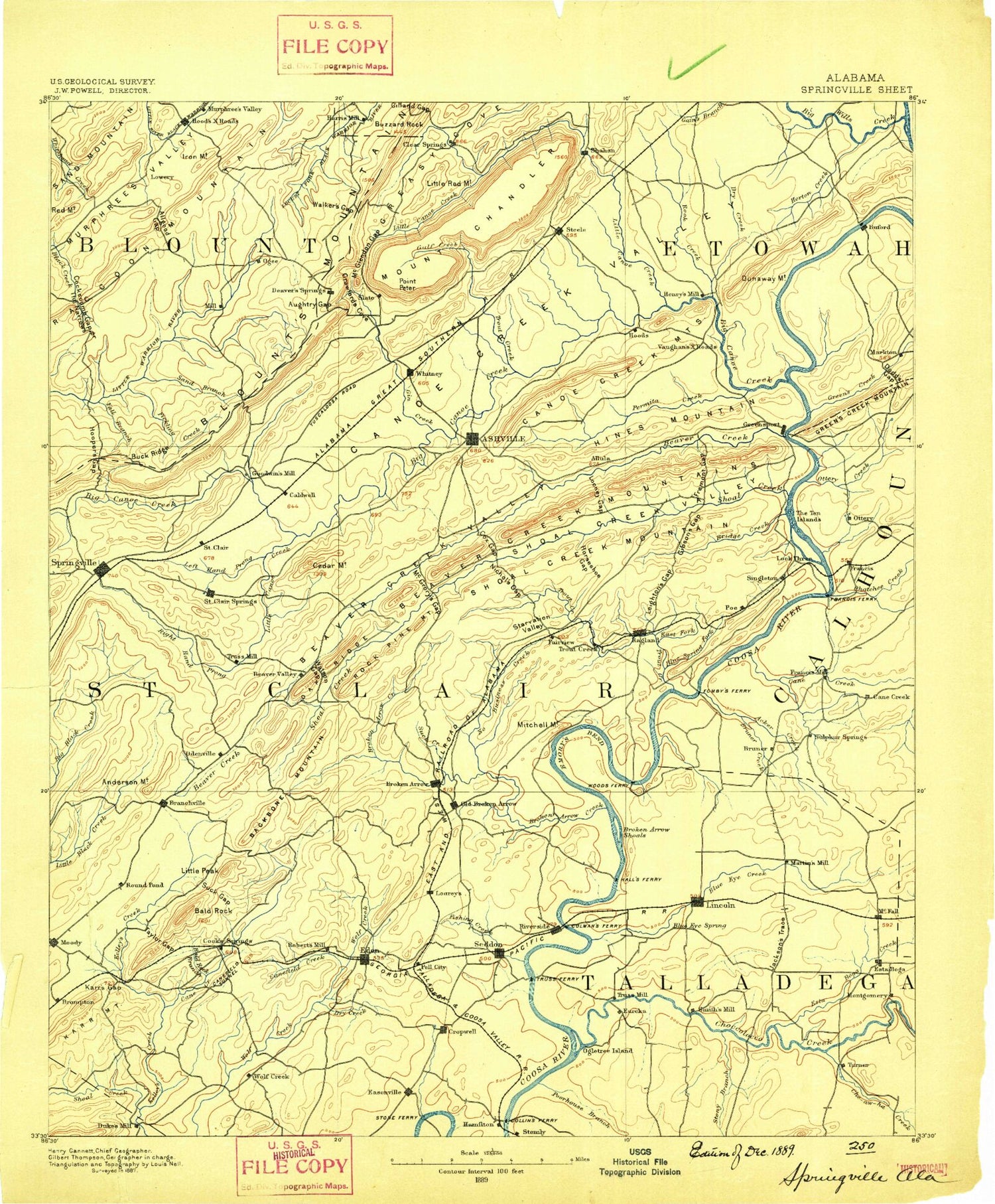 Historic 1889 Springville Alabama 30'x30' Topo Map Image