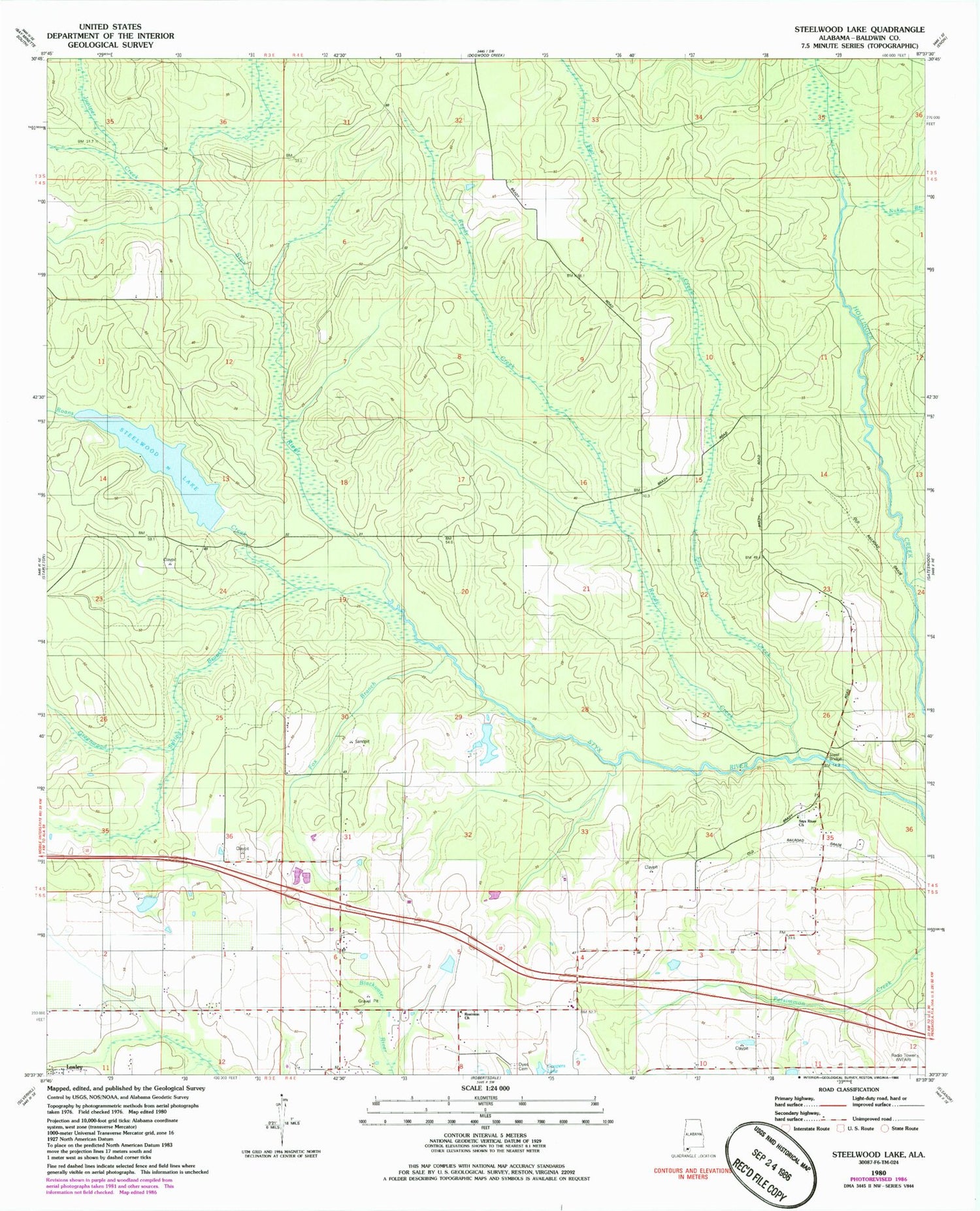 Classic USGS Steelwood Lake Alabama 7.5'x7.5' Topo Map Image