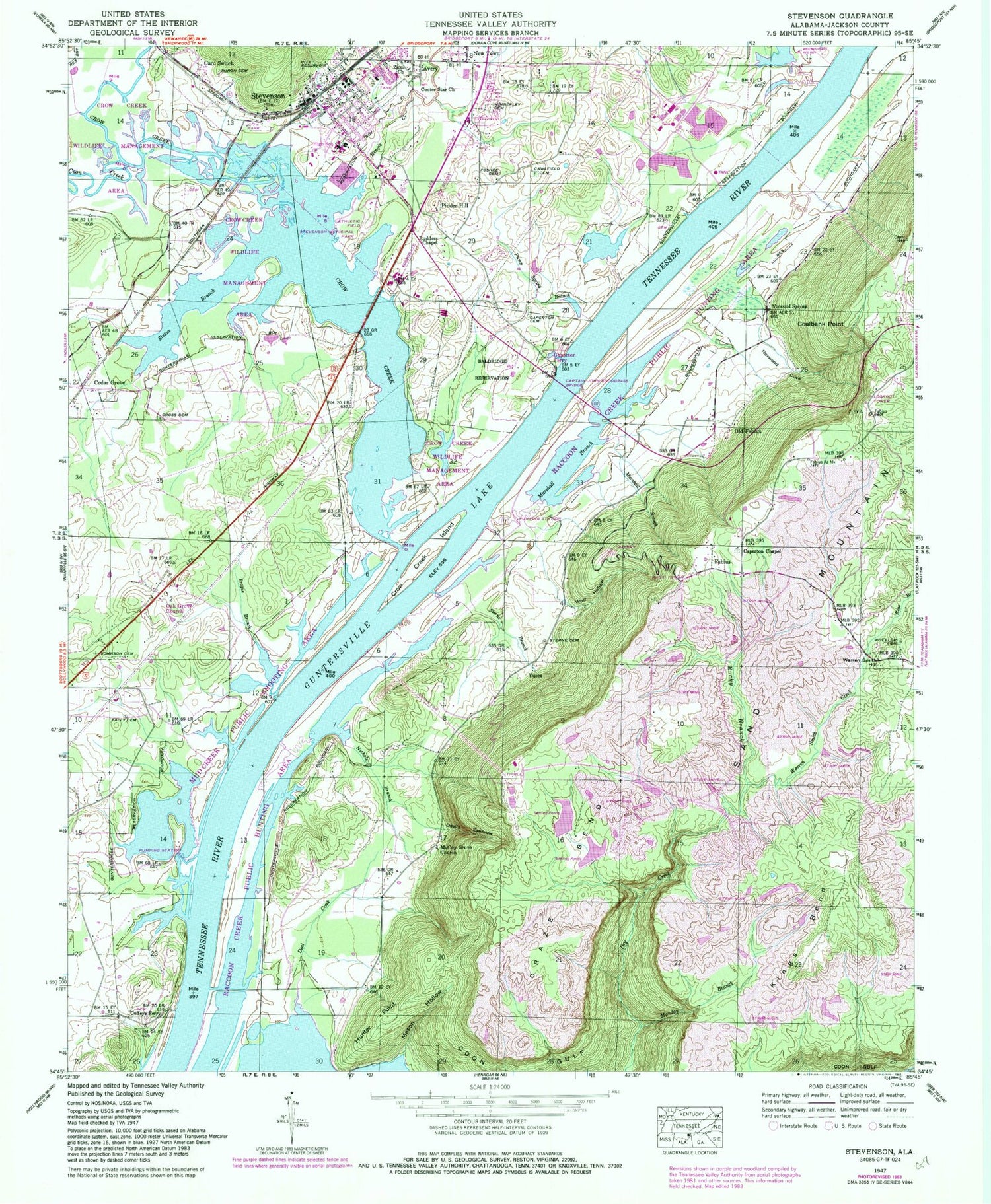 Classic USGS Stevenson Alabama 7.5'x7.5' Topo Map Image