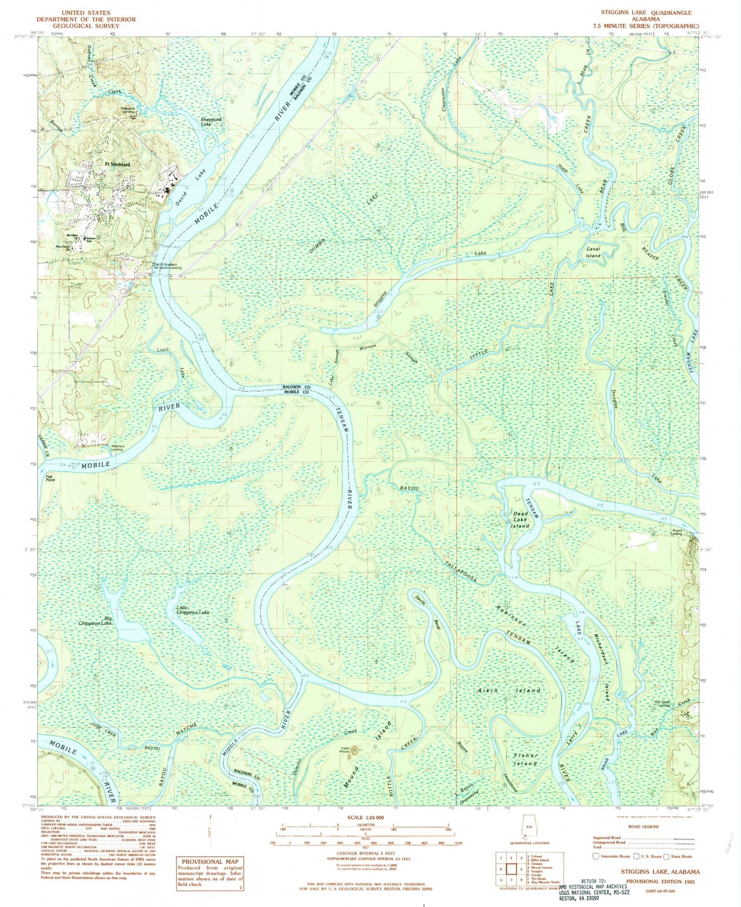 Classic USGS Stiggins Lake Alabama 7.5'x7.5' Topo Map Image