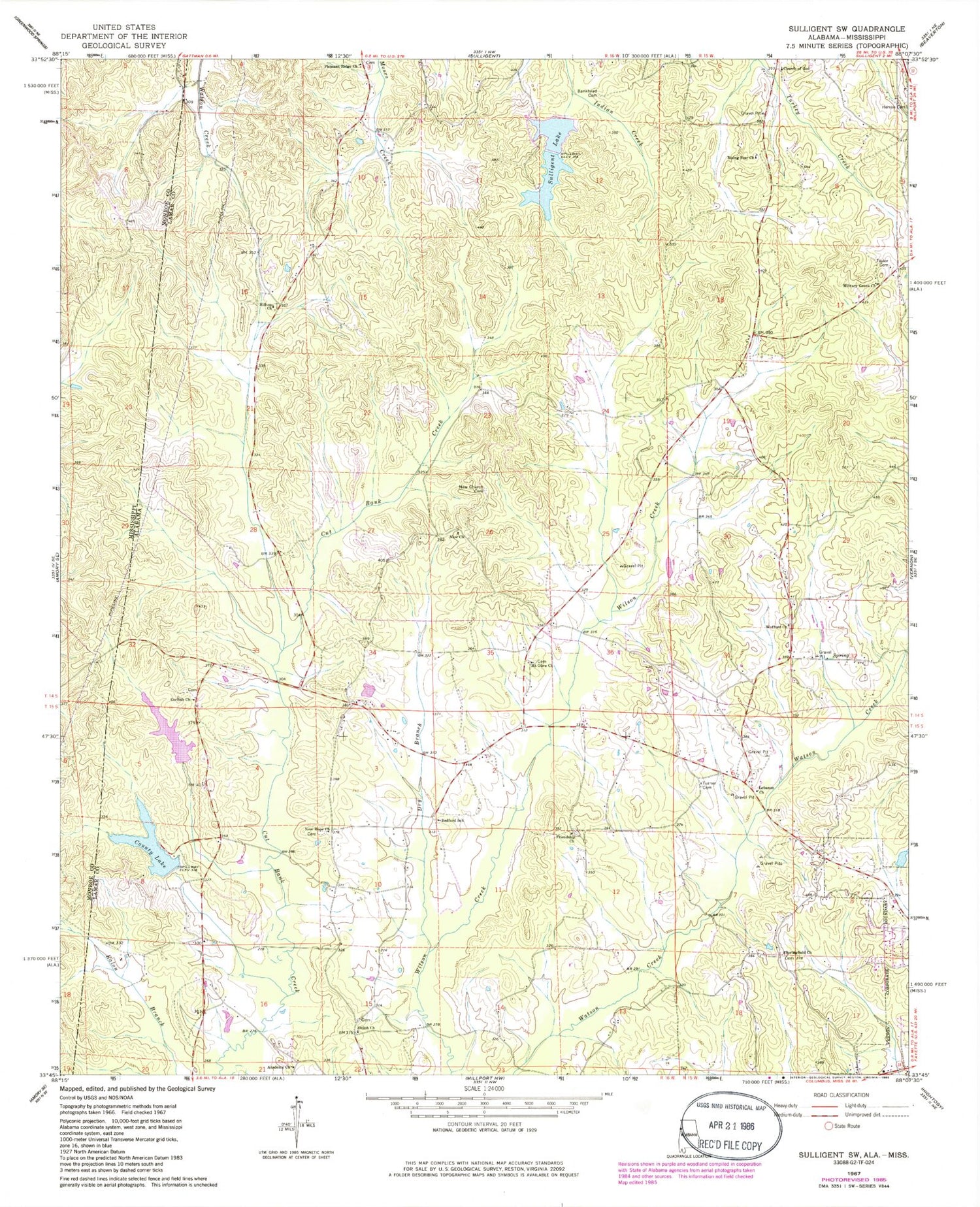 Classic USGS Sulligent SW Alabama 7.5'x7.5' Topo Map Image