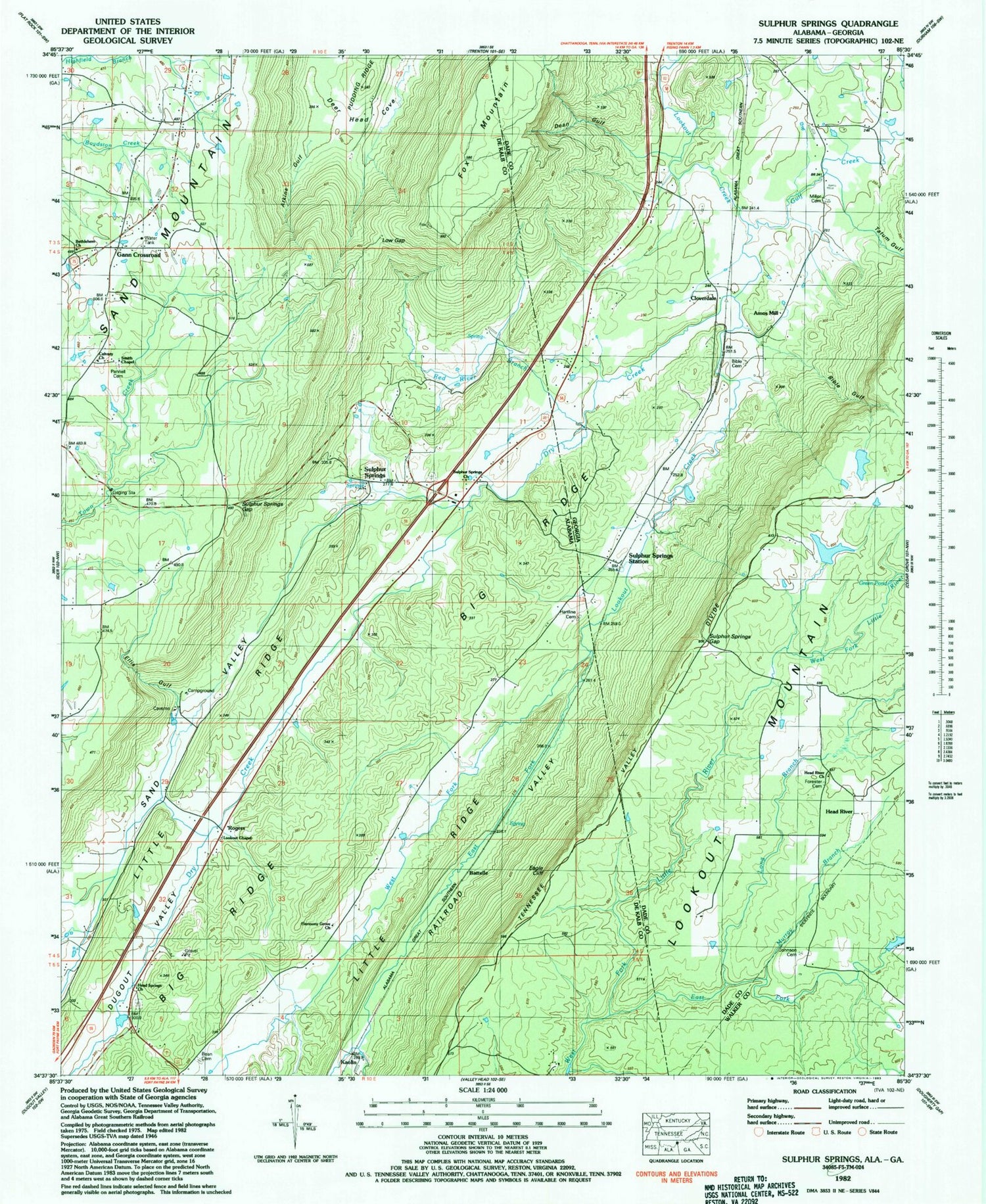 Classic USGS Sulphur Springs Alabama 7.5'x7.5' Topo Map Image