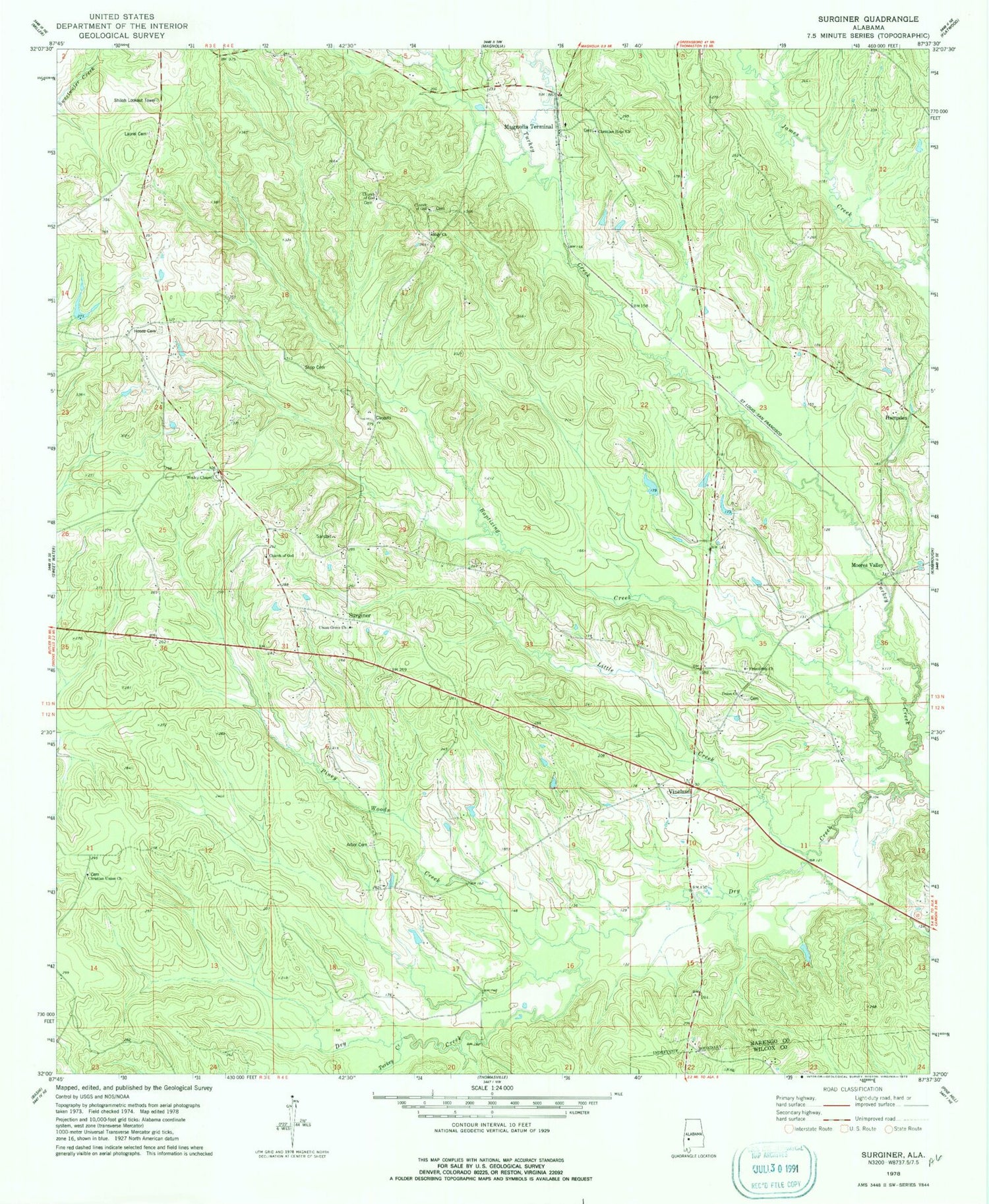 Classic USGS Surginer Alabama 7.5'x7.5' Topo Map Image