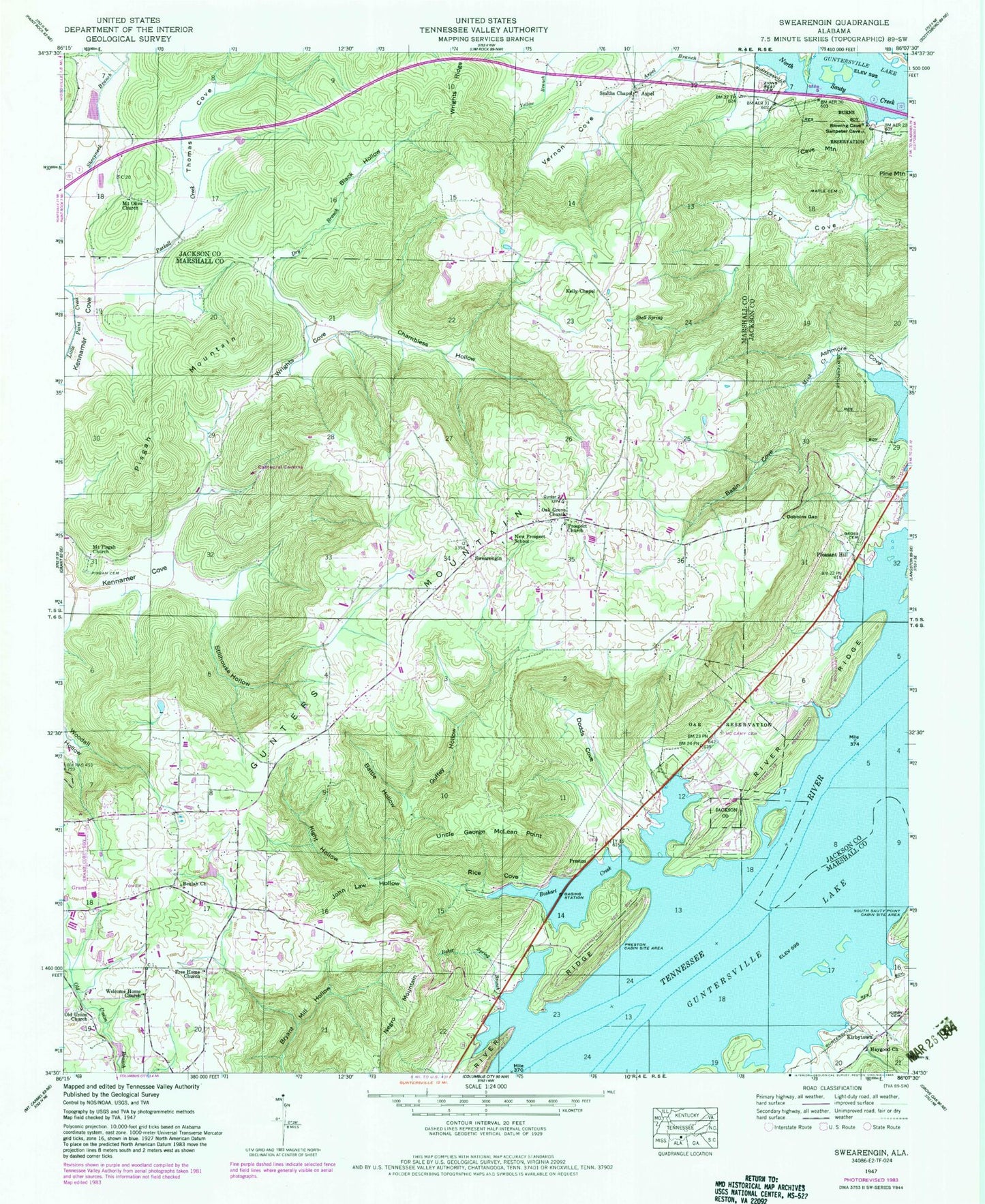 Classic USGS Swearengin Alabama 7.5'x7.5' Topo Map Image