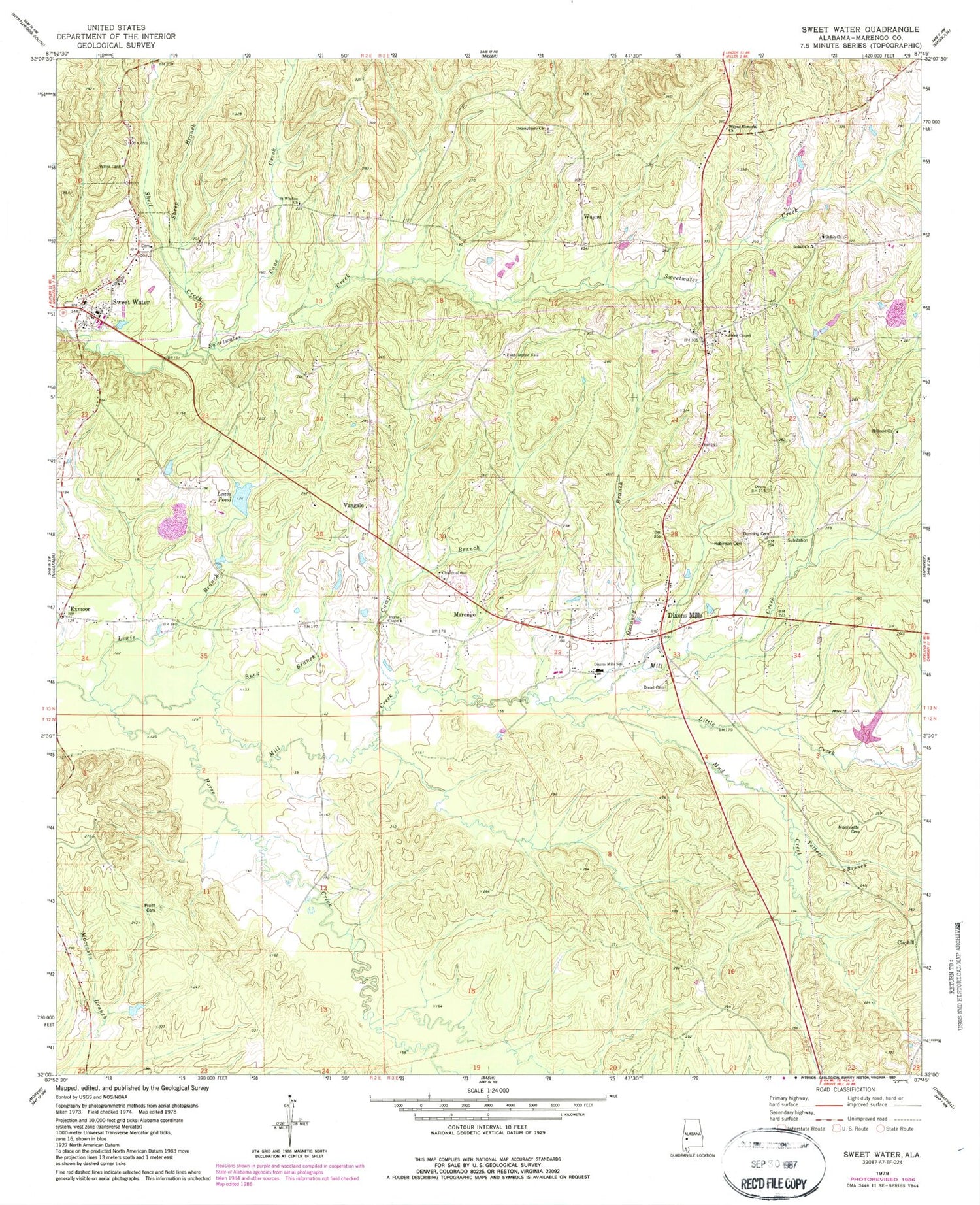 Classic USGS Sweet Water Alabama 7.5'x7.5' Topo Map Image