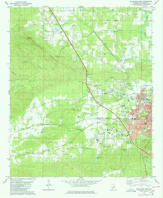 Classic USGS Sylacauga West Alabama 7.5'x7.5' Topo Map Image