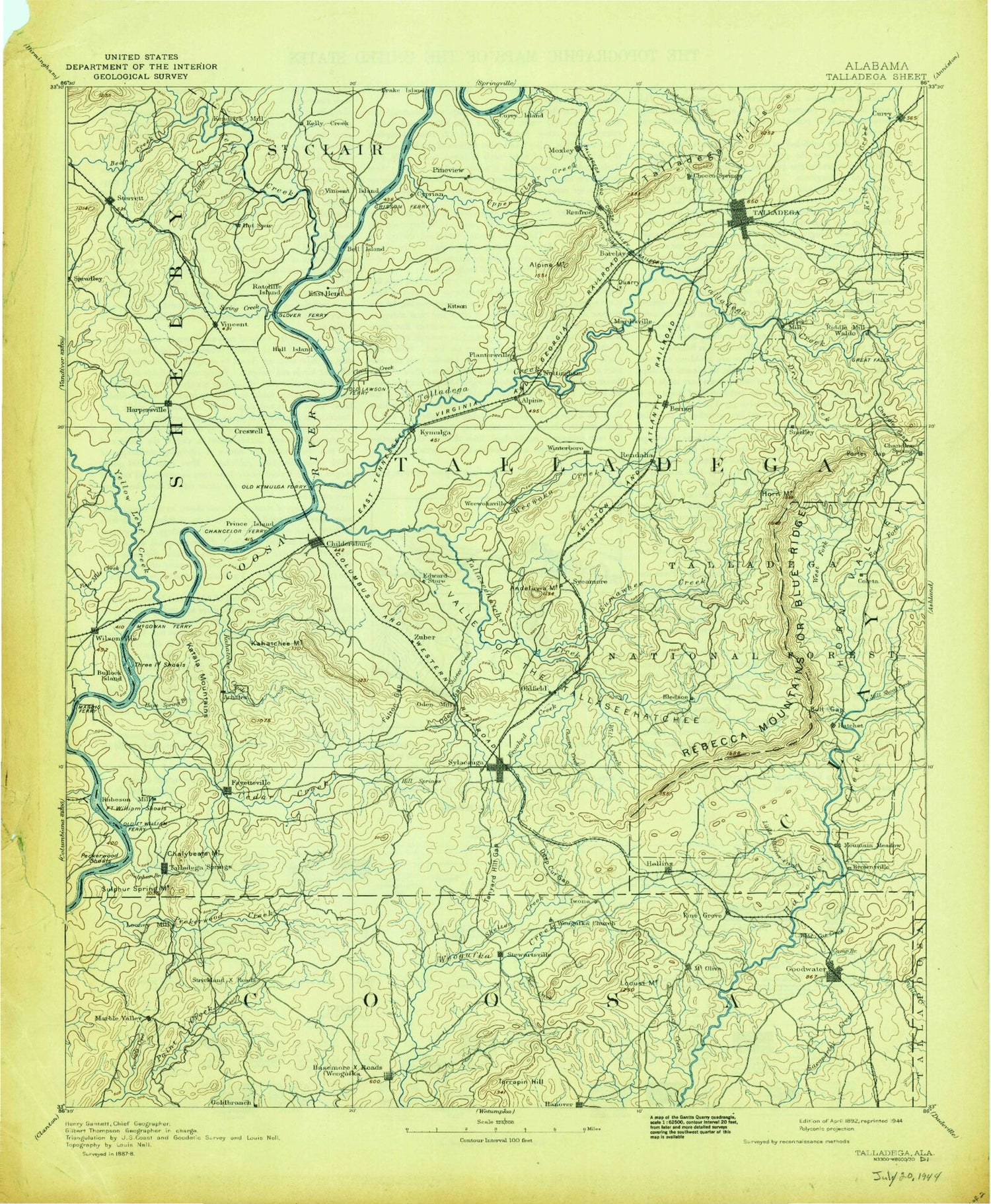 Historic 1892 Talladega Alabama 30'x30' Topo Map Image