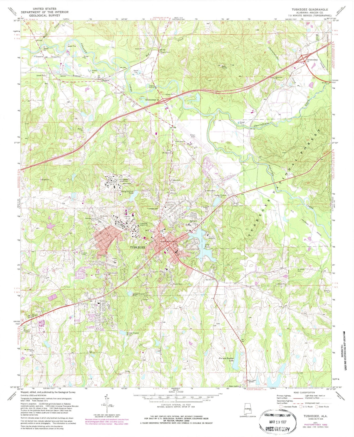 Classic USGS Tuskegee Alabama 7.5'x7.5' Topo Map Image