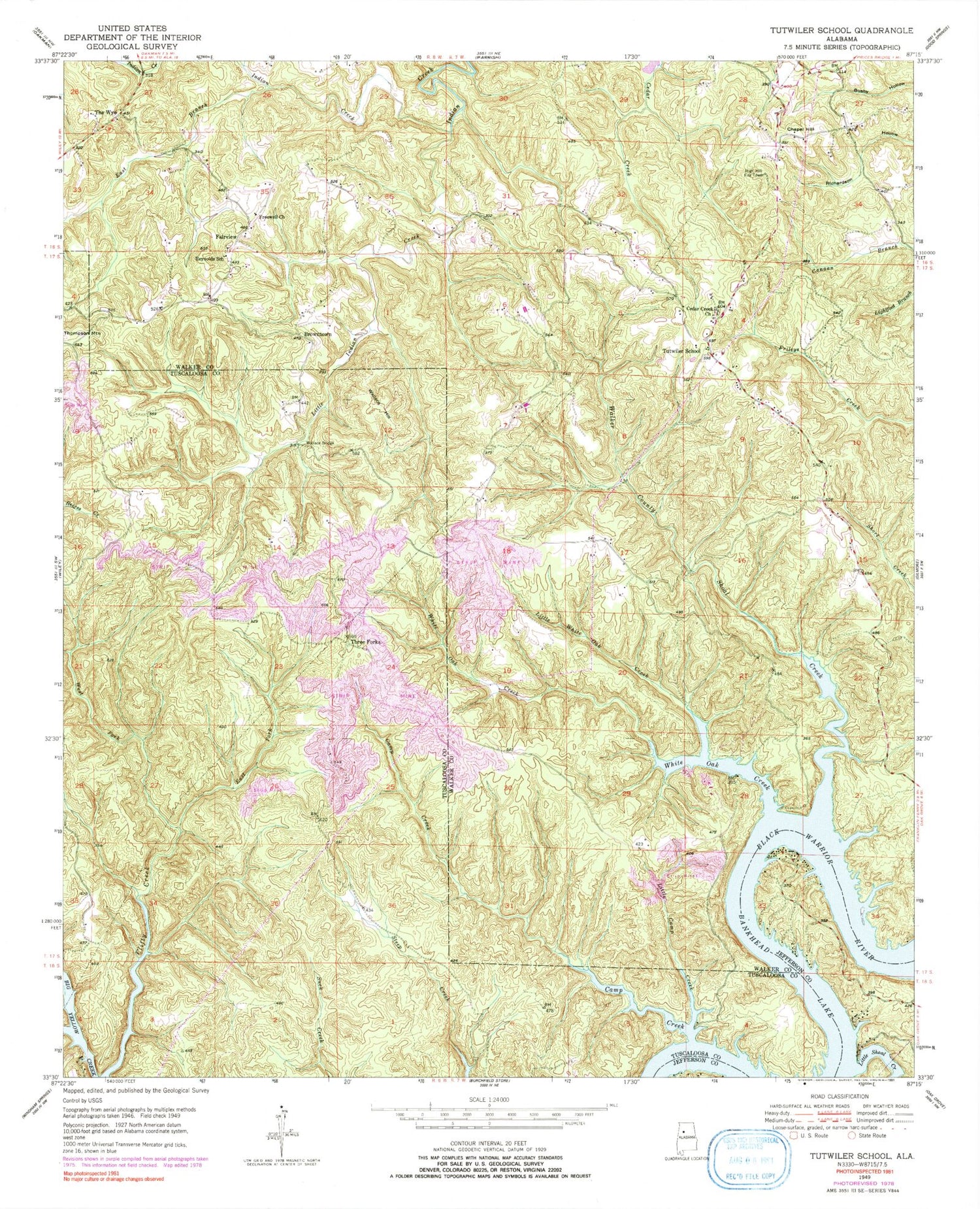Classic USGS Tutwiler School Alabama 7.5'x7.5' Topo Map Image