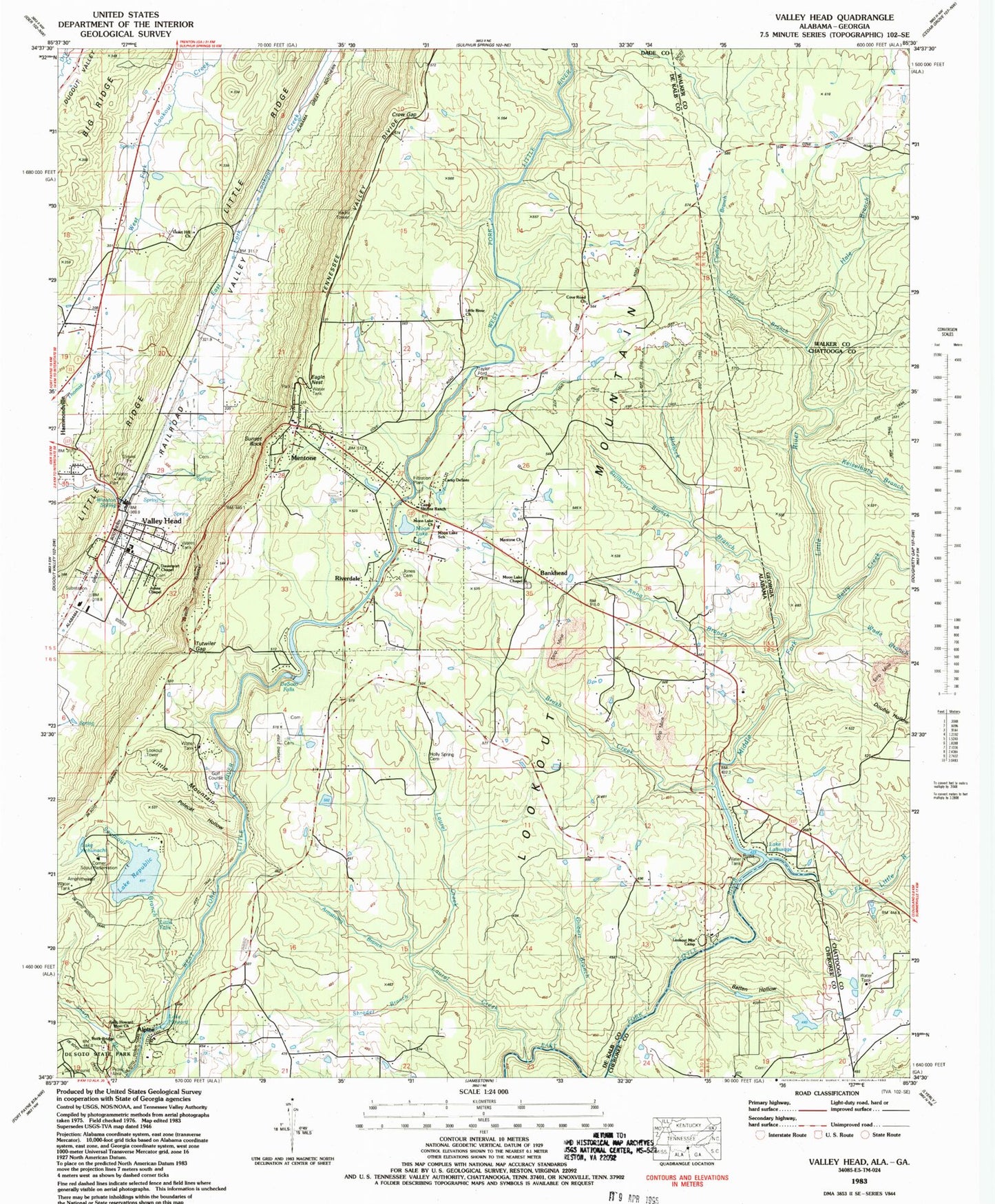 Classic USGS Valley Head Alabama 7.5'x7.5' Topo Map Image