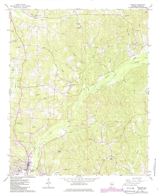 Classic USGS Vernon Alabama 7.5'x7.5' Topo Map Image
