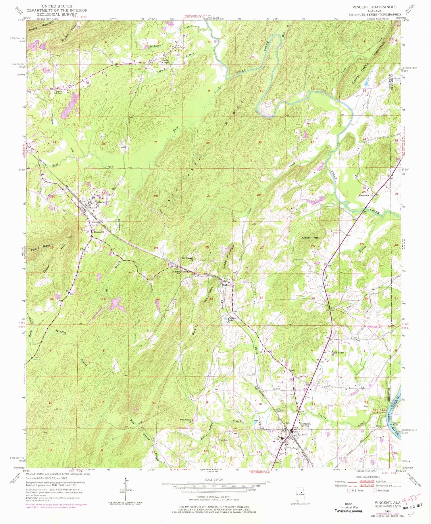 Classic USGS Vincent Alabama 7.5'x7.5' Topo Map Image