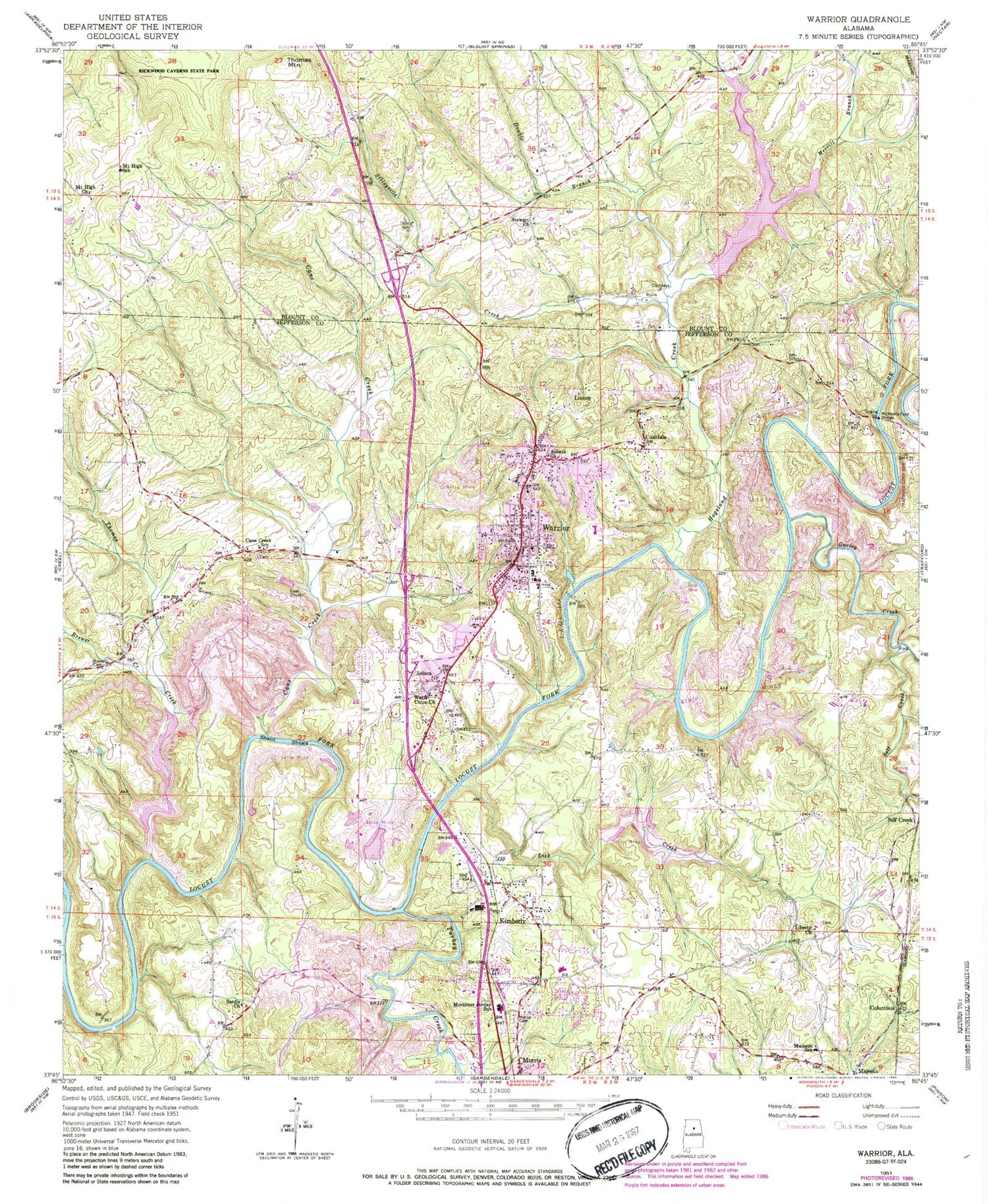 Classic USGS Warrior Alabama 7.5'x7.5' Topo Map Image