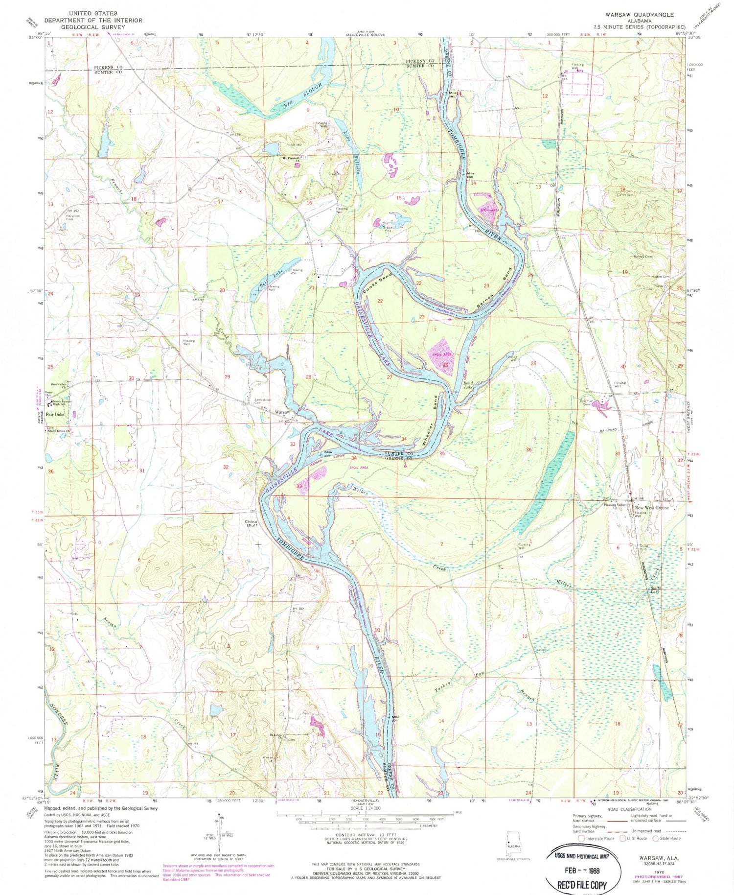 Classic USGS Warsaw Alabama 7.5'x7.5' Topo Map Image
