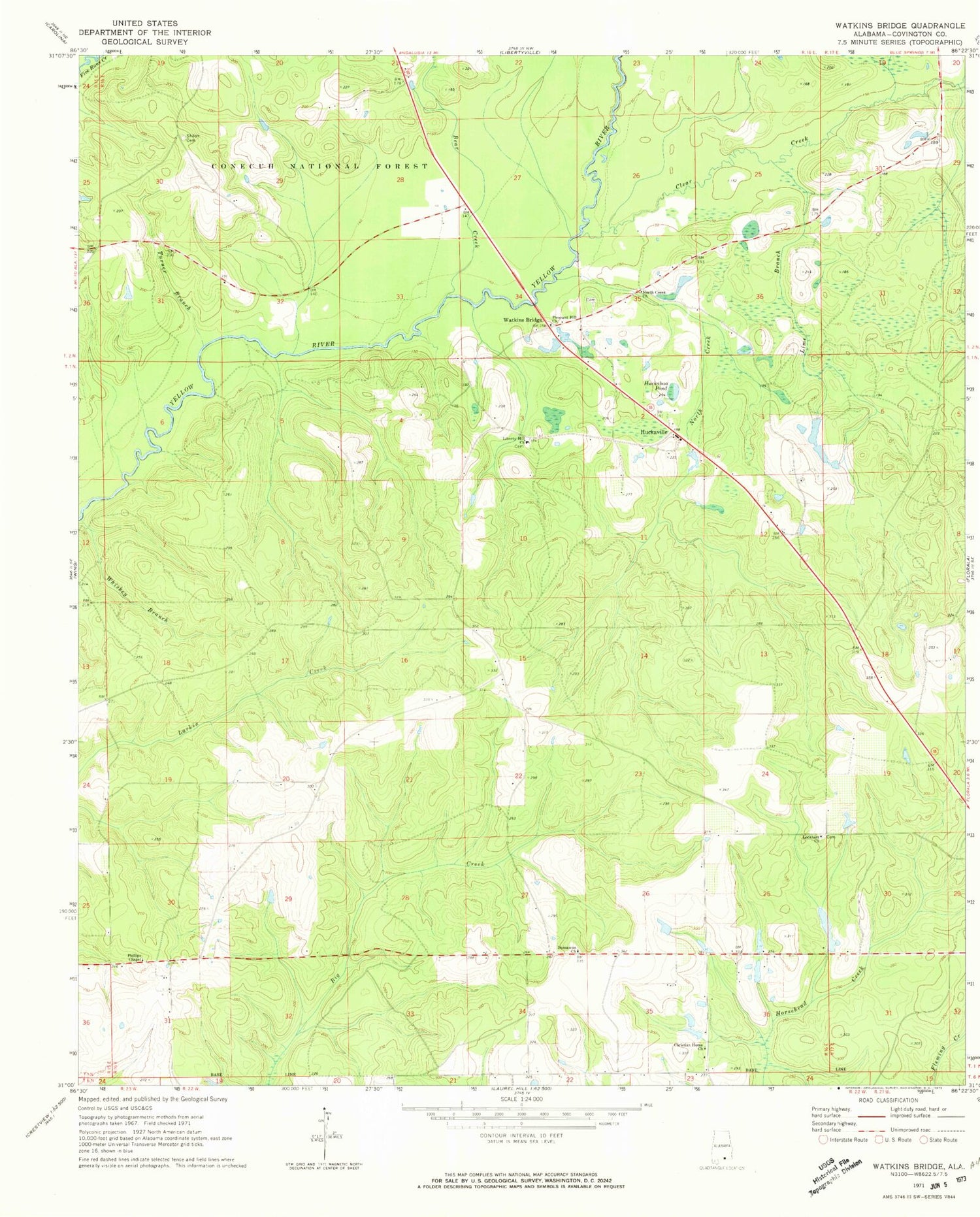 Classic USGS Watkins Bridge Alabama 7.5'x7.5' Topo Map Image