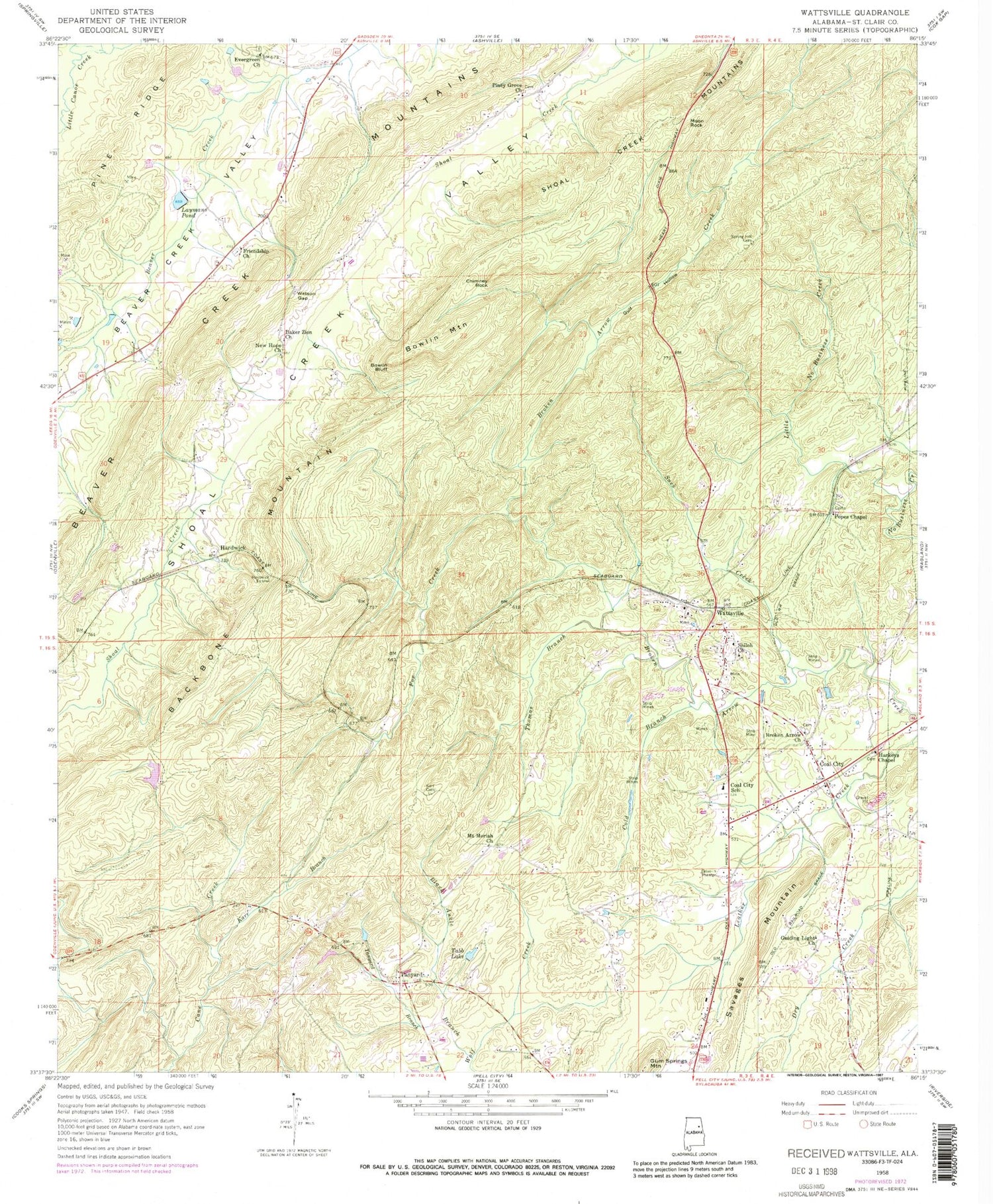 Classic USGS Wattsville Alabama 7.5'x7.5' Topo Map Image