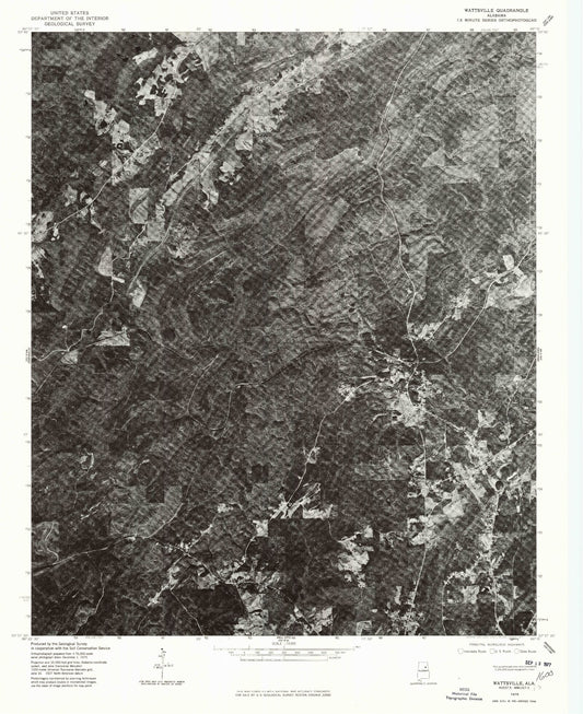 Classic USGS Wattsville Alabama 7.5'x7.5' Topo Map Image