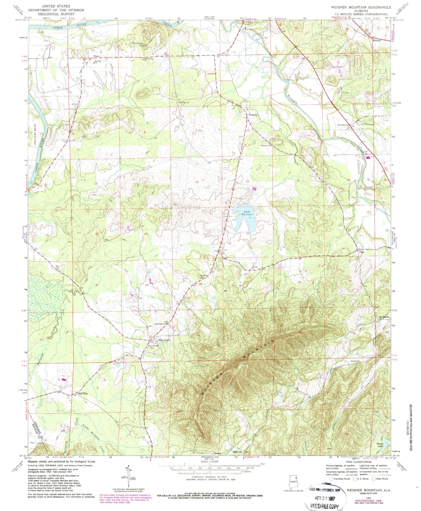 Classic USGS Weisner Mountain Alabama 7.5'x7.5' Topo Map Image